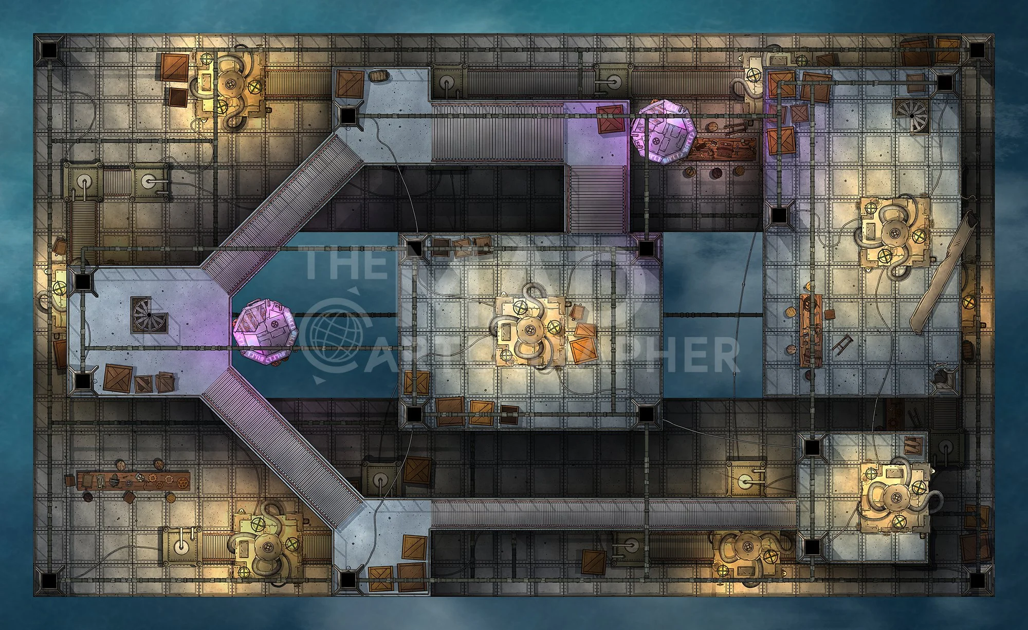 UNDERWALKS | 31x19 | Industrial platforms suspended below a larger facility, looming over an ocean far below. [🌓 Night & Day Variants] [🏨 Multi-floor Map]