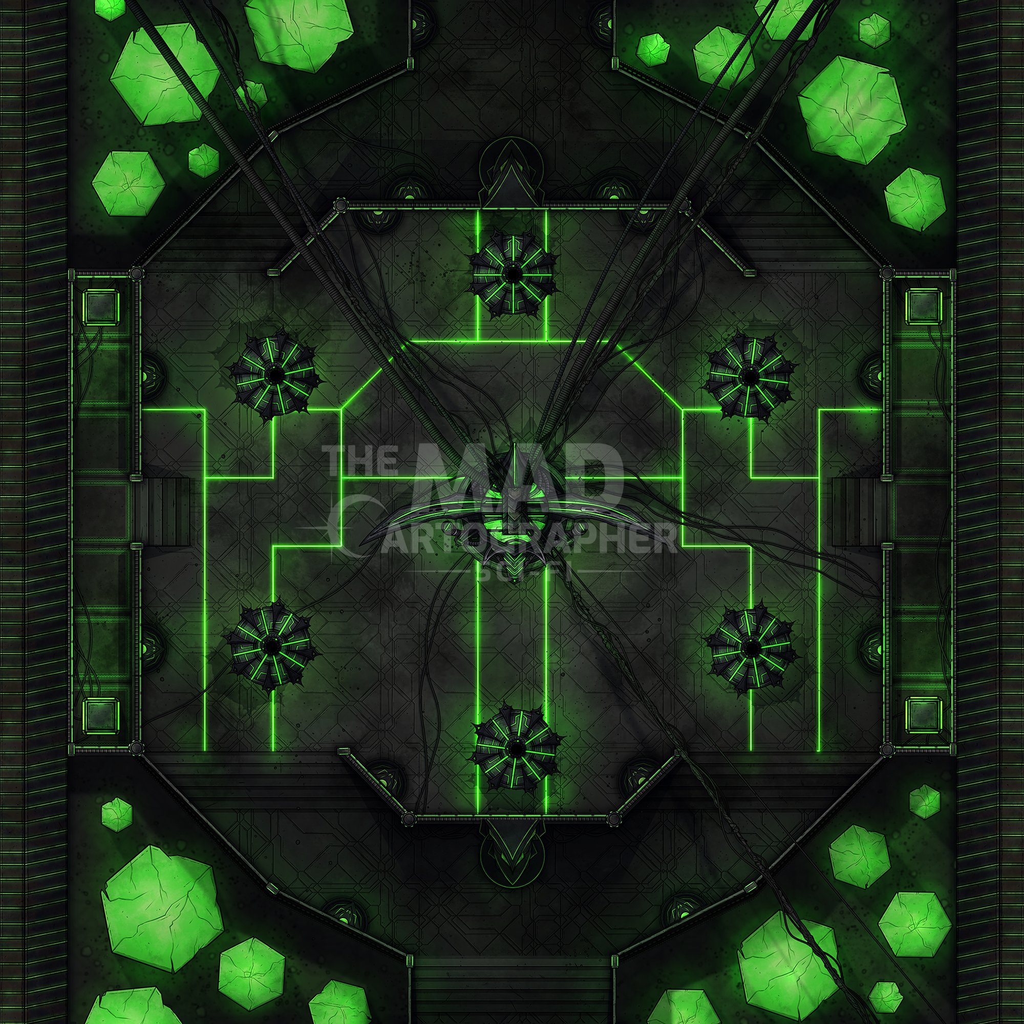 ARTIFACT CHAMBER | 15x15 | A treasured relic with significant religious or technological applications is being housed here, serving as some unknown conduit to the rest of the facility through a thicket of wires. [🪑 Asset Variants]&nbsp;