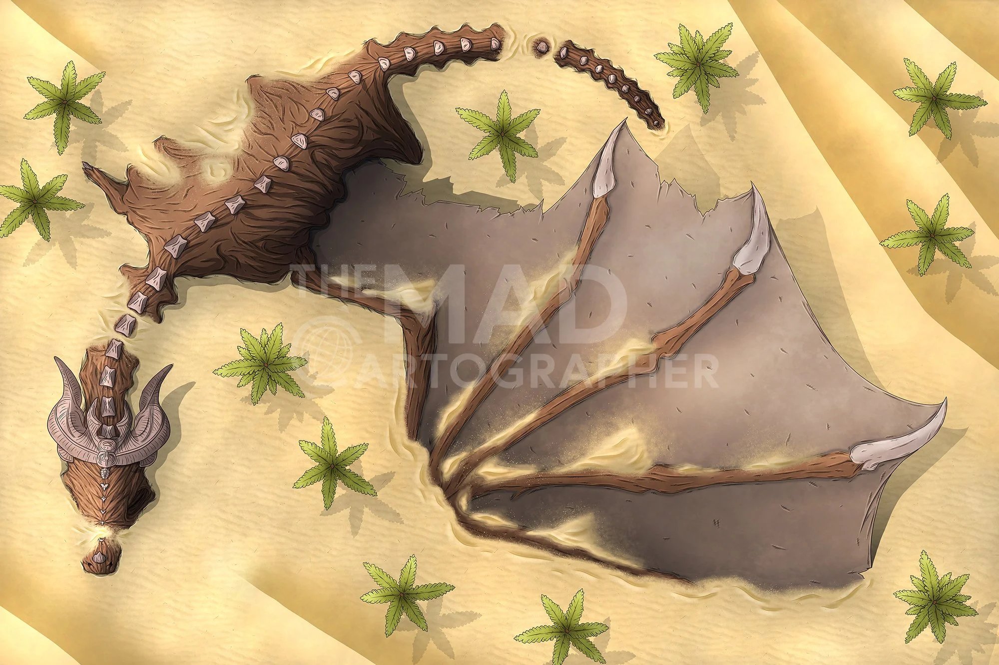 DRAGON'S REST | 30x20 | The withered remains of a dragon who perished in the desert now serves as an unconventional rest stop for travelling caravans. [🌓 Night & Day Variants]
