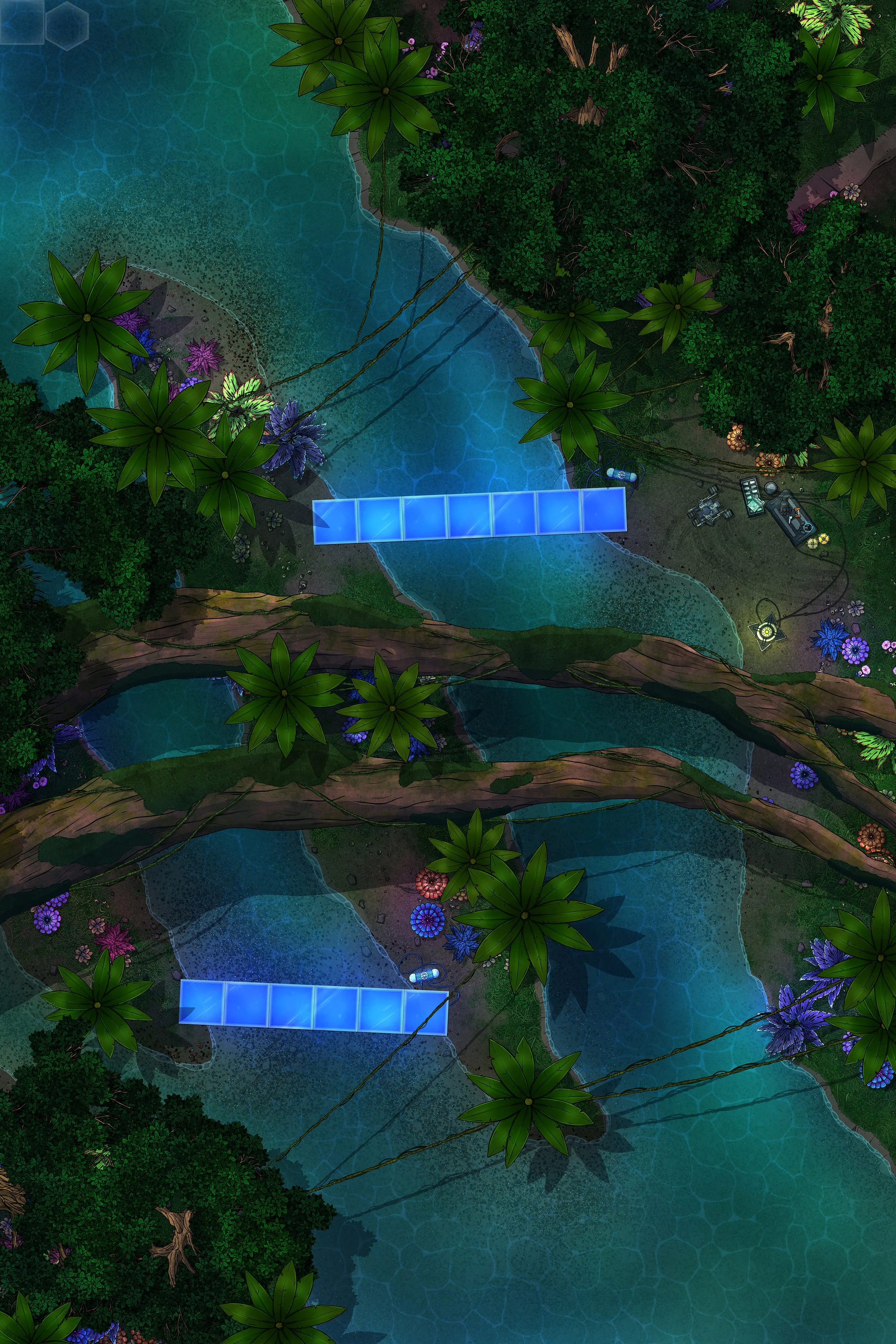 RIVERBANK | 20x30 | A raging river bisecting the jungle can be navigated via light bridge, or an ambitious and treacherous giant root bridge. [🪑 Asset Variants]