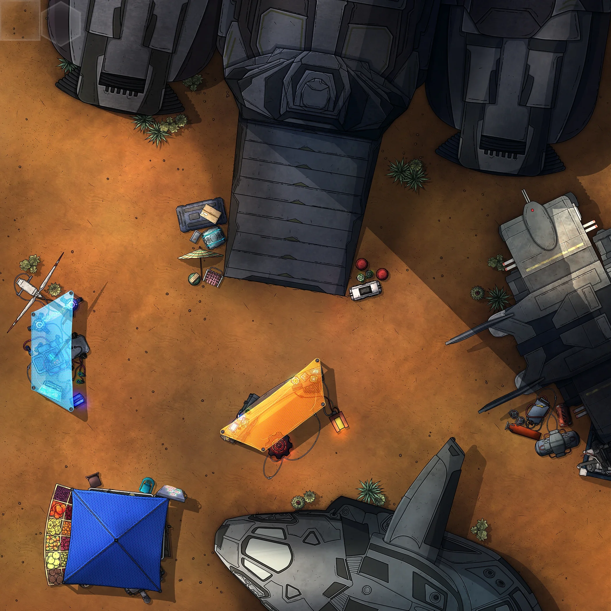 SHIP MARKET | 15x15 | Each week, various merchant crafts land near each other and open their cargo holds to sell their wares directly into the settlement. [🪑 Asset Variants]