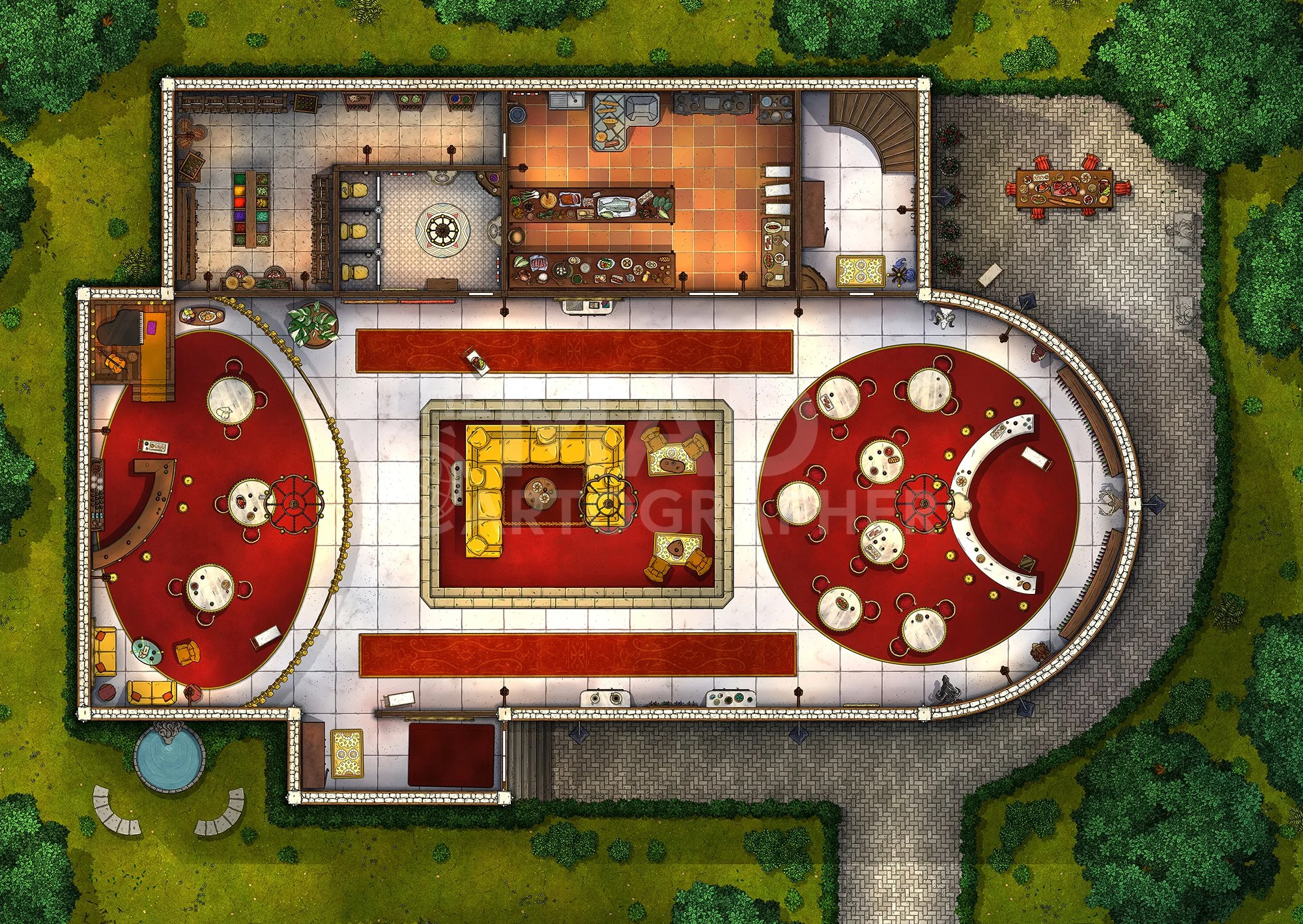 UPSCALE TAVERN | 30x20 | An exclusive drinking and dining establishment in one of the more affluent areas of town. [🌓 Night & Day Variants] [🏨 Multi-floor Map]