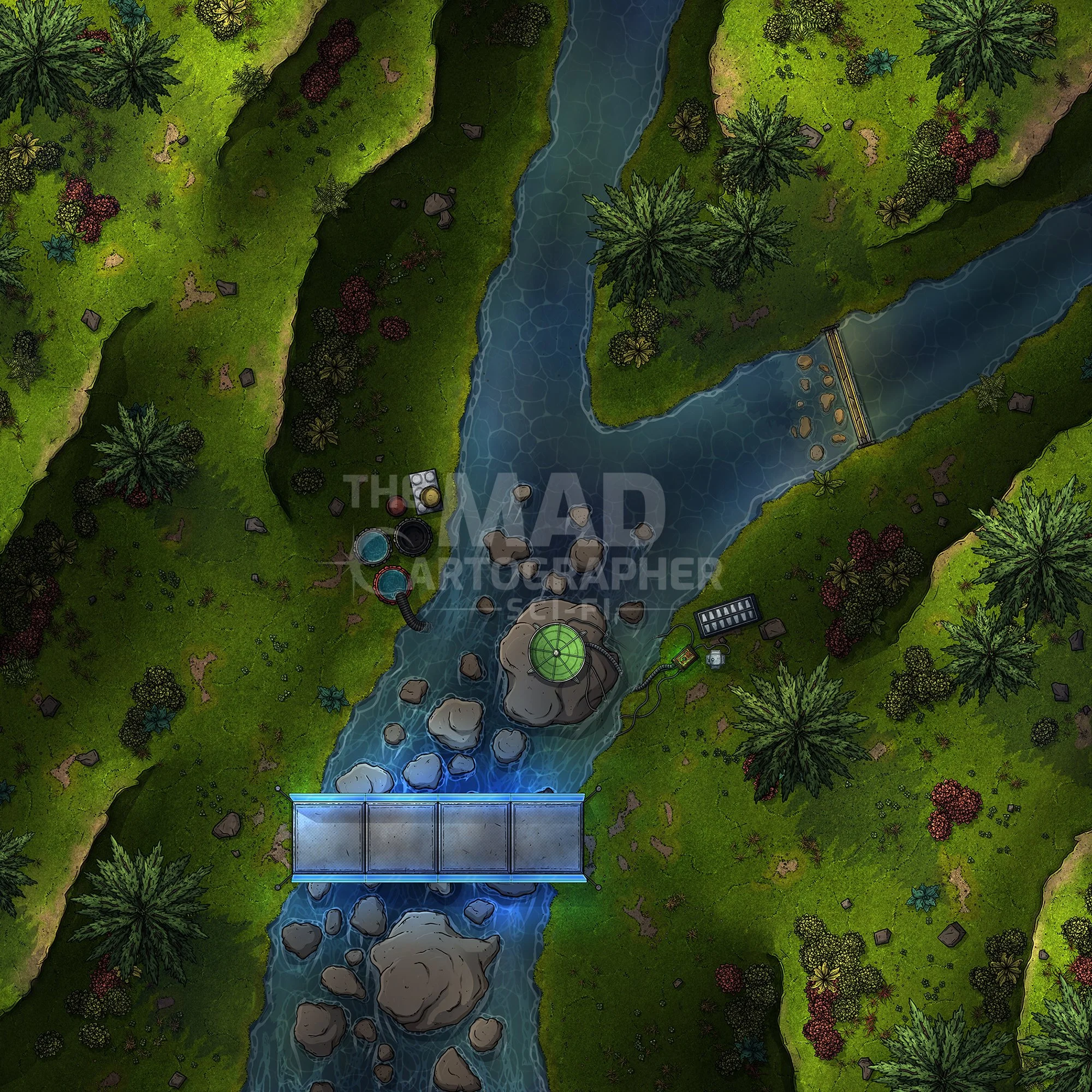 ROCKY RIVERWAY | 15x15 | A dam station has been set up at this research point to analyse the waterways and their contents. [🪑 Asset Variants]