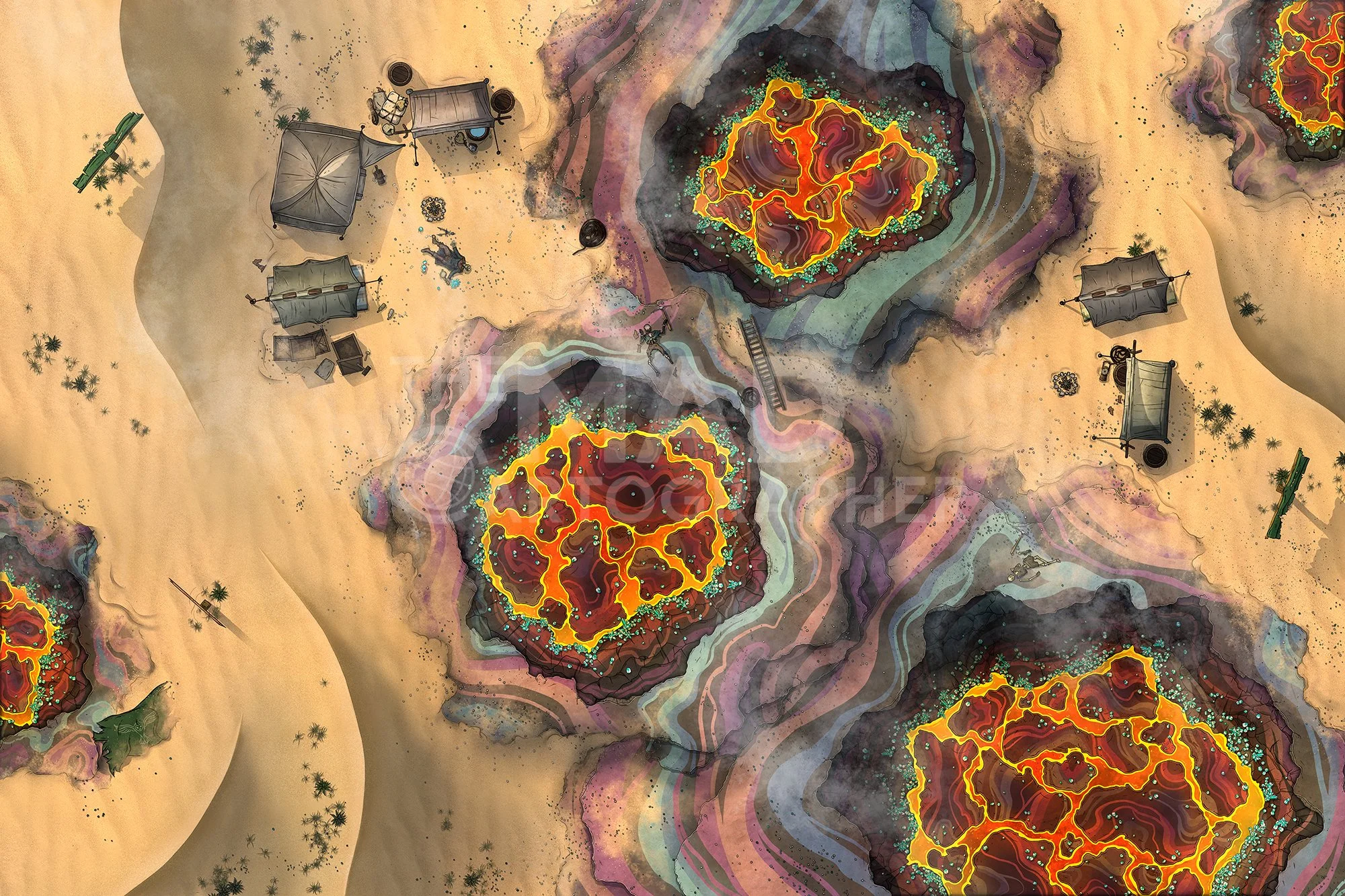 SMOKE HOLES | 30x20 | Volcanic activity beneath the sands has led to these open craters of lava, which melt and crystallise the sands around their rims. [🪑 Asset Variants] [🌓 Night & Day Variants]
