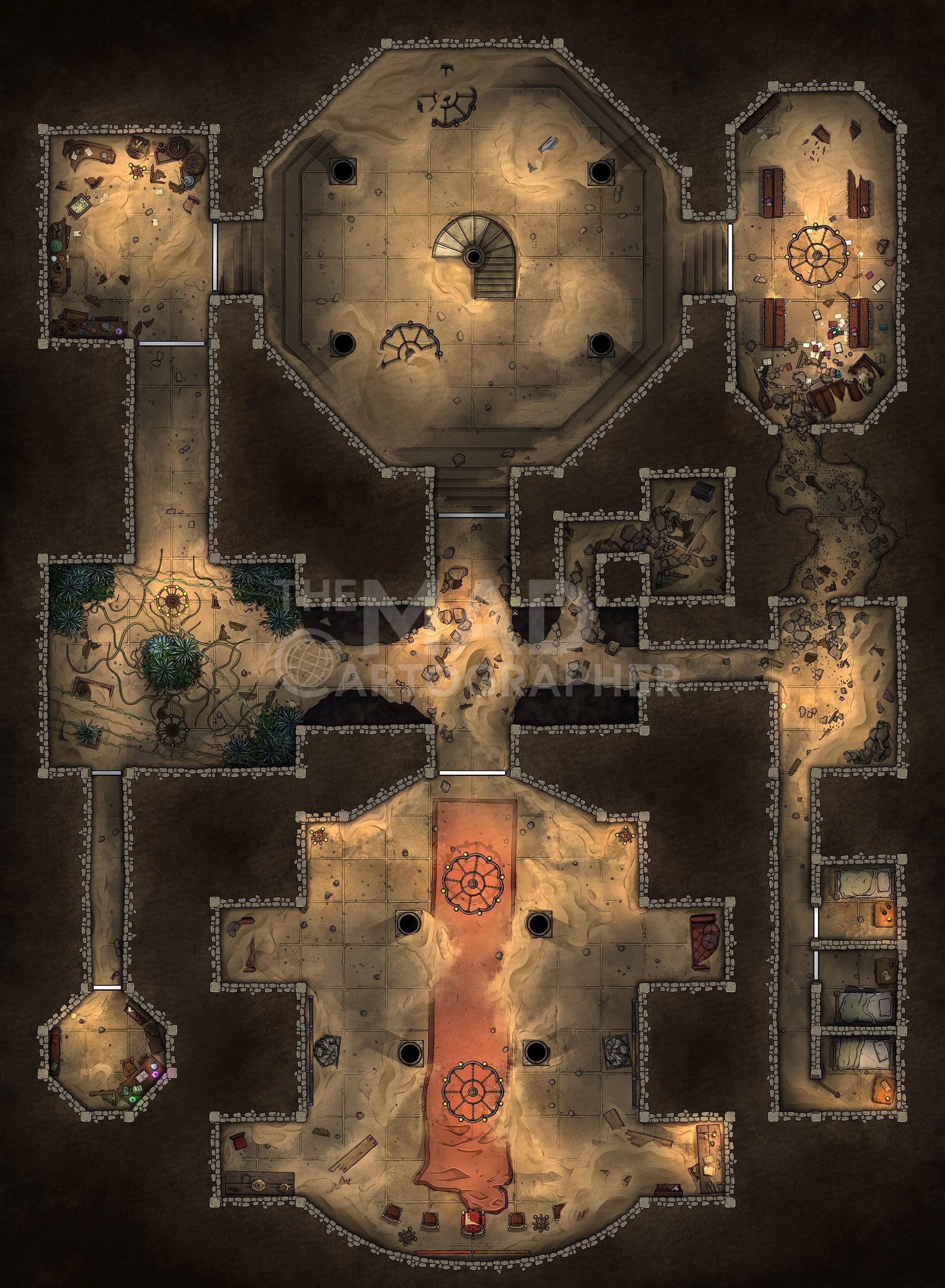 SUNKEN PALACE (LOWER) | 20x30 | The sole remaining tower of a ancient palace protrudes from the sand, staircase leading down to buried and forgotten halls. [🌓 Night & Day Variants] [🏨 Multi-floor Map]