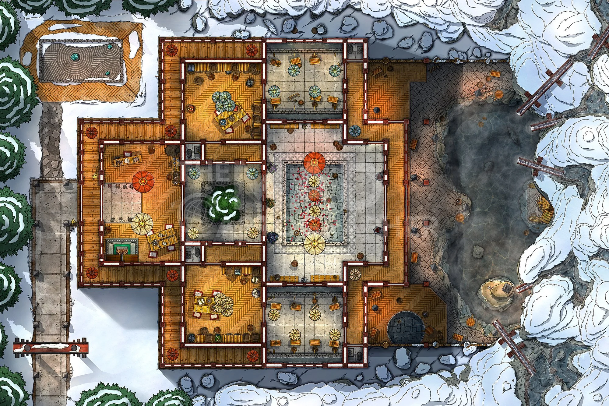 SNOWY ONSEN | 30x20 | A snow-covered volcanic spa sits high in the mountains, with multiple changing rooms and saunas. [🌓 Night & Day Variants]
