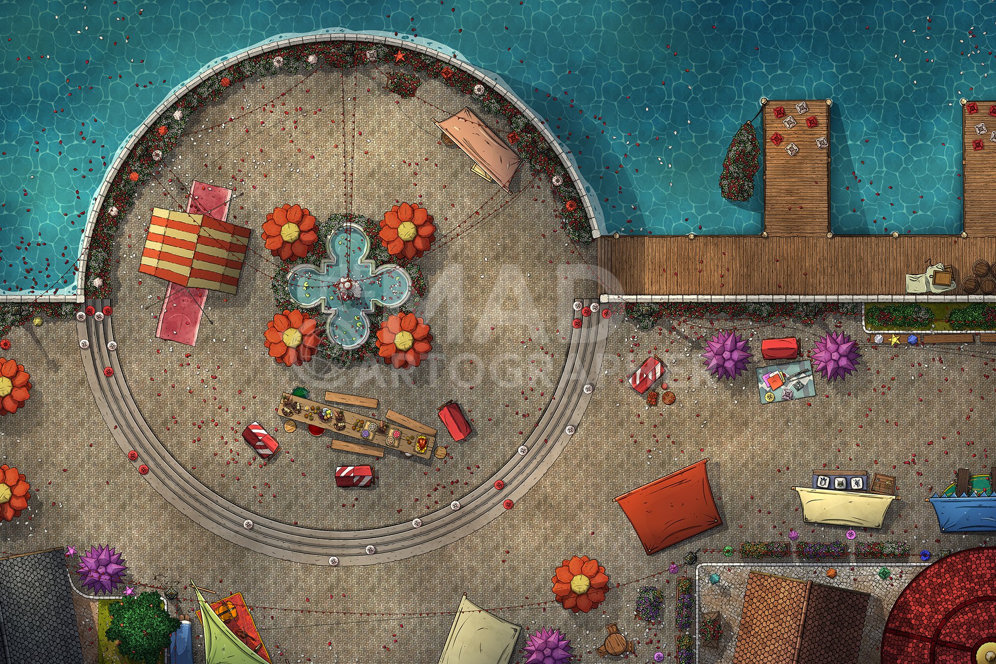 CARNIVAL PROMENADE | 30x20 | A coastal wharf is the focal point of this bright and colourful celebration of light and lanterns in the capital city. [🌓 Night & Day Variants]