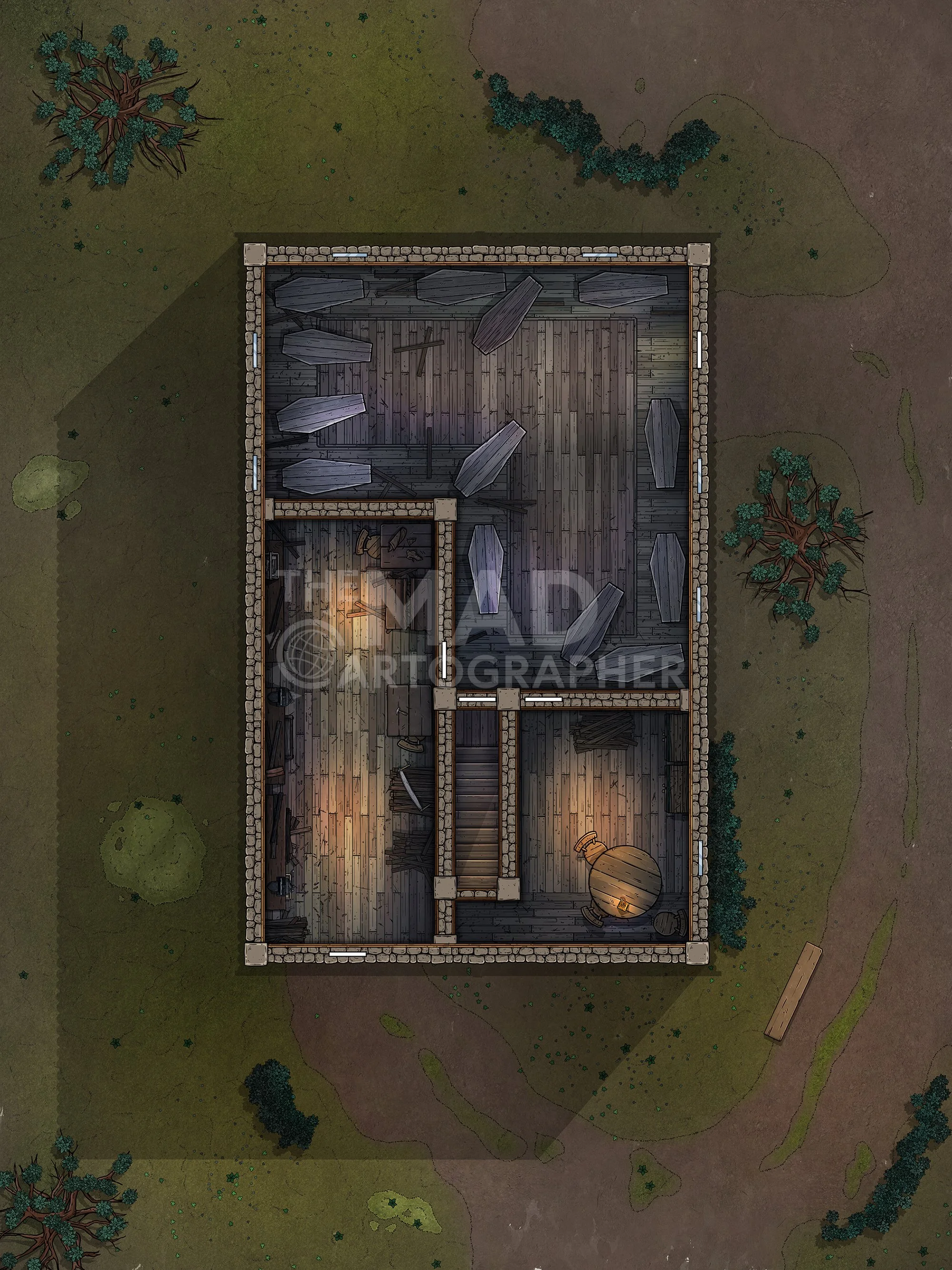 [FREE] COFFIN MAKER SHOP | 15x20 | A cramped workshop hiding a deadly secret beneath stacks of unfinished coffins. [🌓 Night & Day Variants] [🏨 Multi-floor Map]