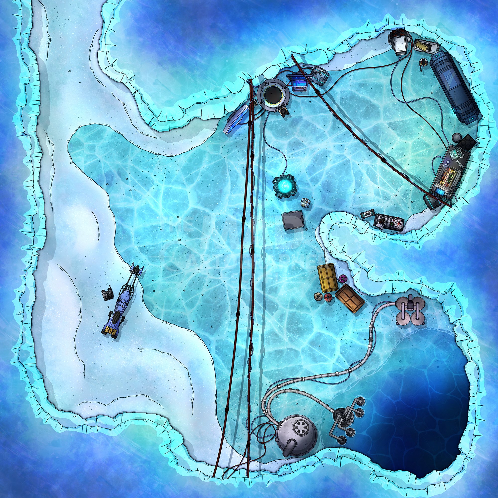 FROZEN RETREAT | 15x15 | An icy cave contains hints that suggest somebody has been living on this planet for some time before we arrived. [🪑 Asset Variants]