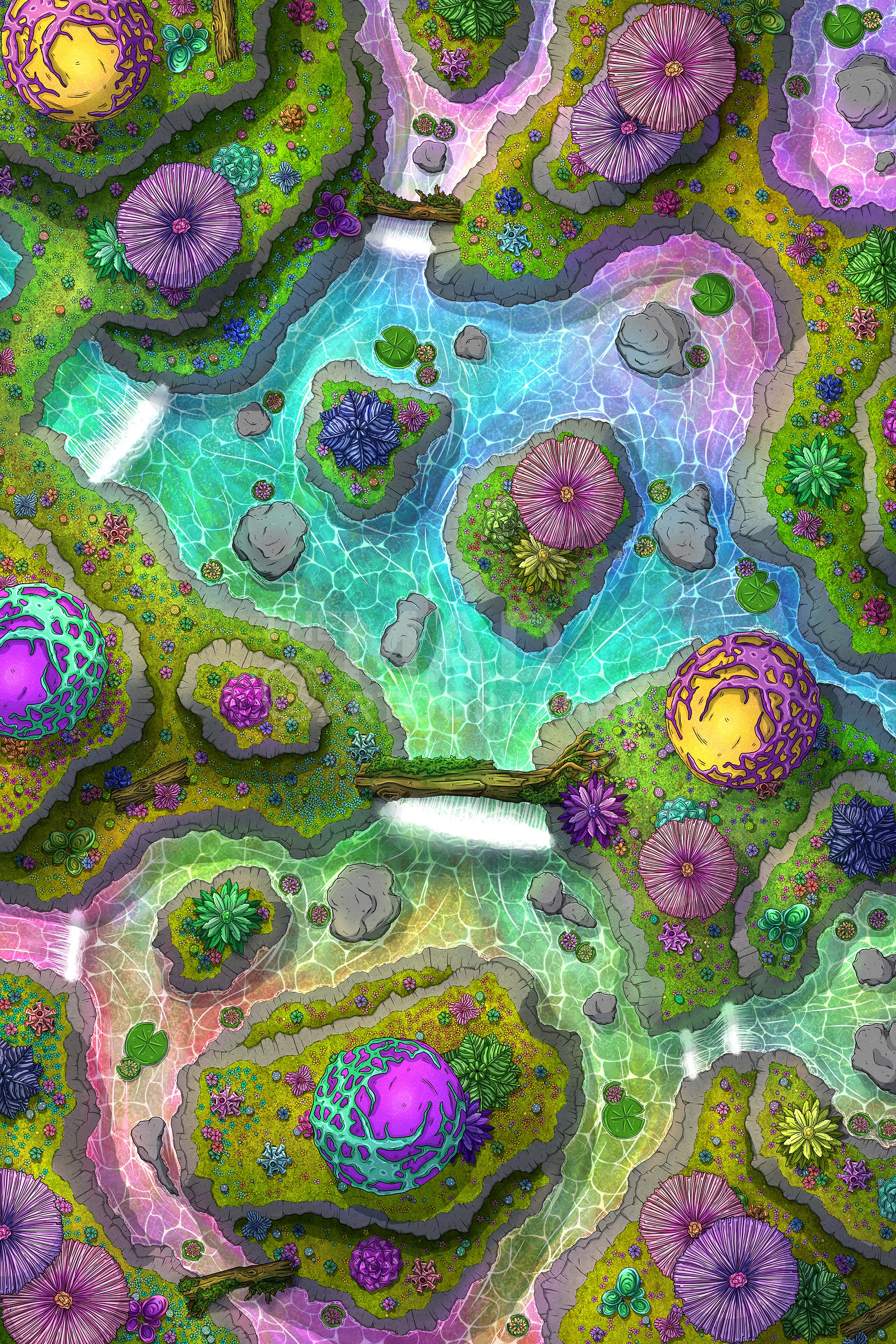 RAINBOW RIVER | 20x30 | Enchanted plants reflect shifting colours onto a flowing river. [🌓 Night & Day Variants]