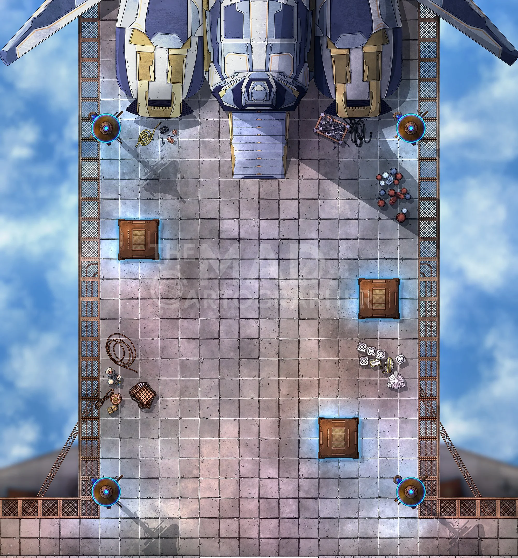 JUSTICE ON WINGS OF IRON | 26x28 | A large runway for a futuristic tech ship. An airborne variant is included. [🪑 Asset Variants]