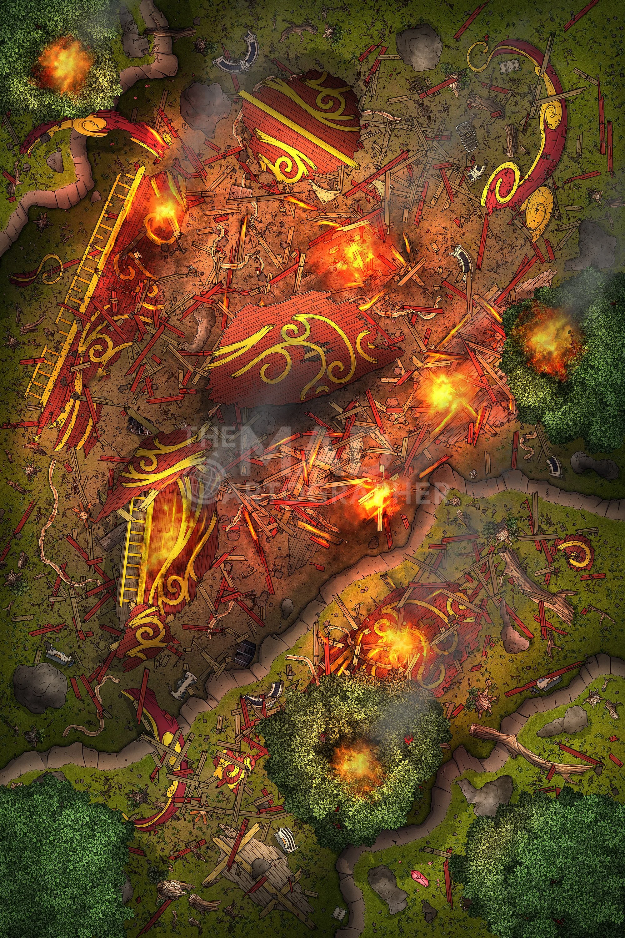ELEMENTAL SHIPWRECK | 20x30 | A magical sky vessel has violently crashed in this forest, with destructive and unpredictable consequences. [🌓 Night & Day Variants]
