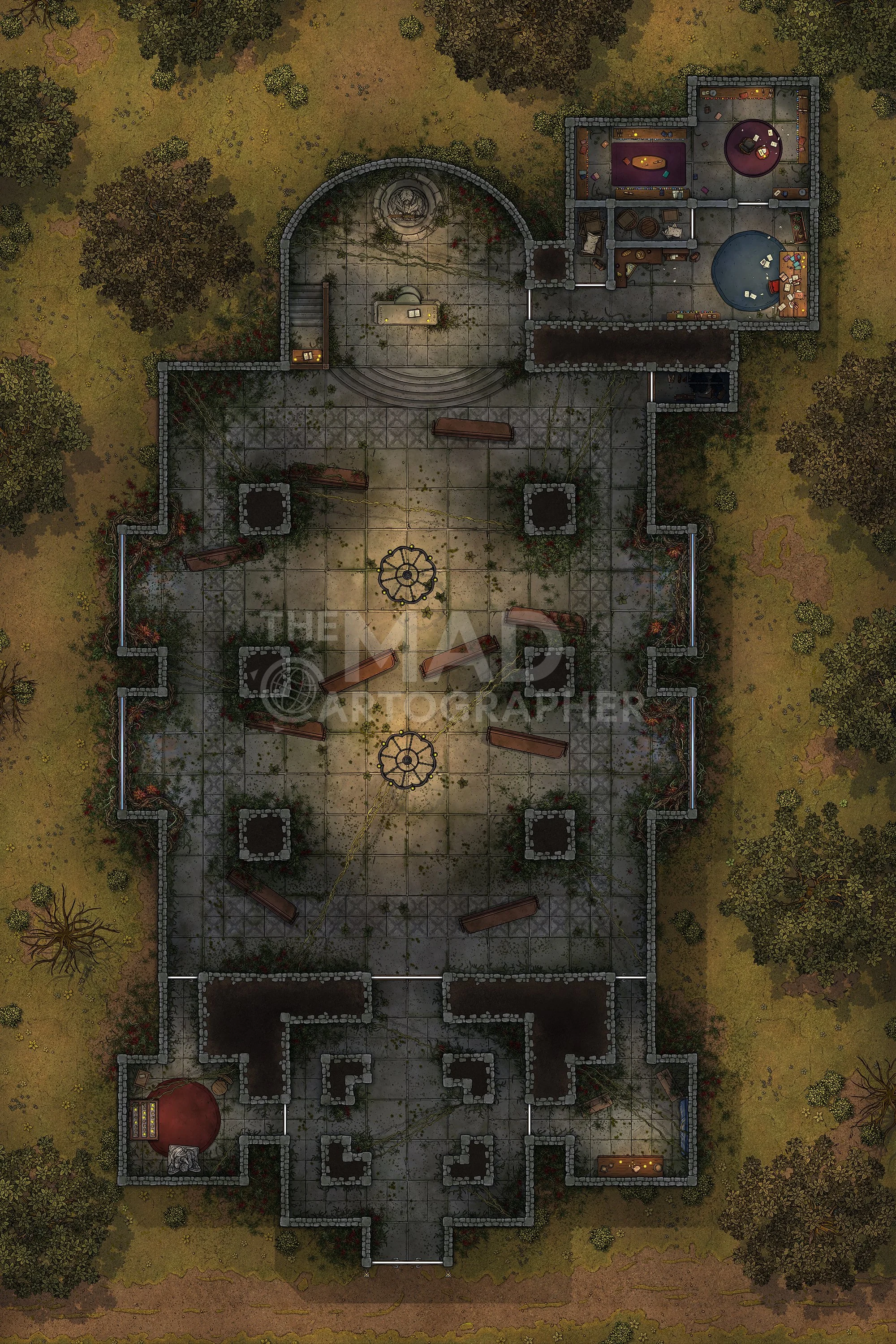 CHAPEL OF ST MAERNOTH | 22x33 | A once-beautiful chapel, now foreboding and abandoned as enchanted plant life spreads from the alien flora that has taken root here. [🌓 Night &amp; Day Variants]