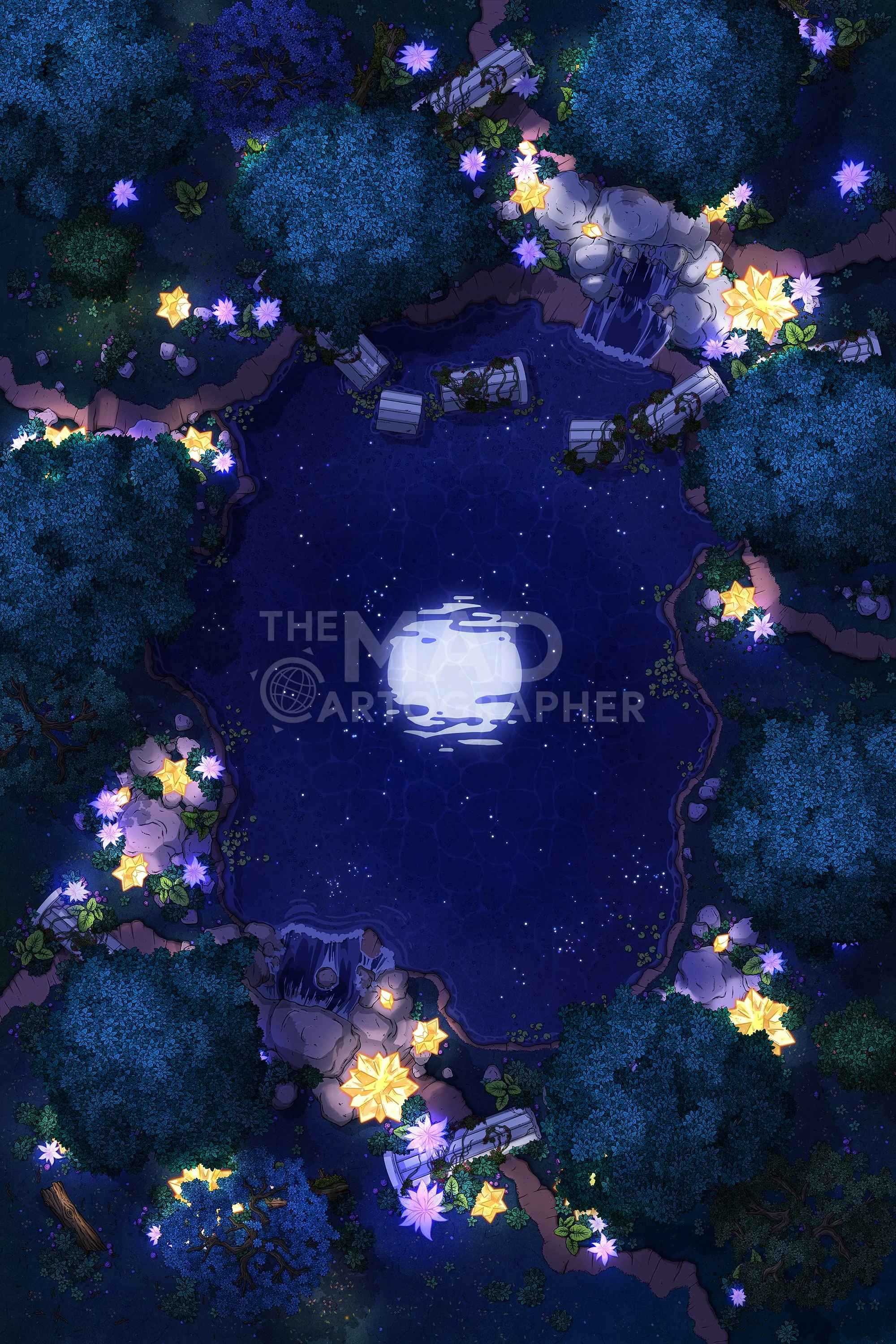 STARFALL FOREST | 20x30 | An enchanted lake surrounded by celestial plants reflects the skies above. [🌓 Night & Day Variants]