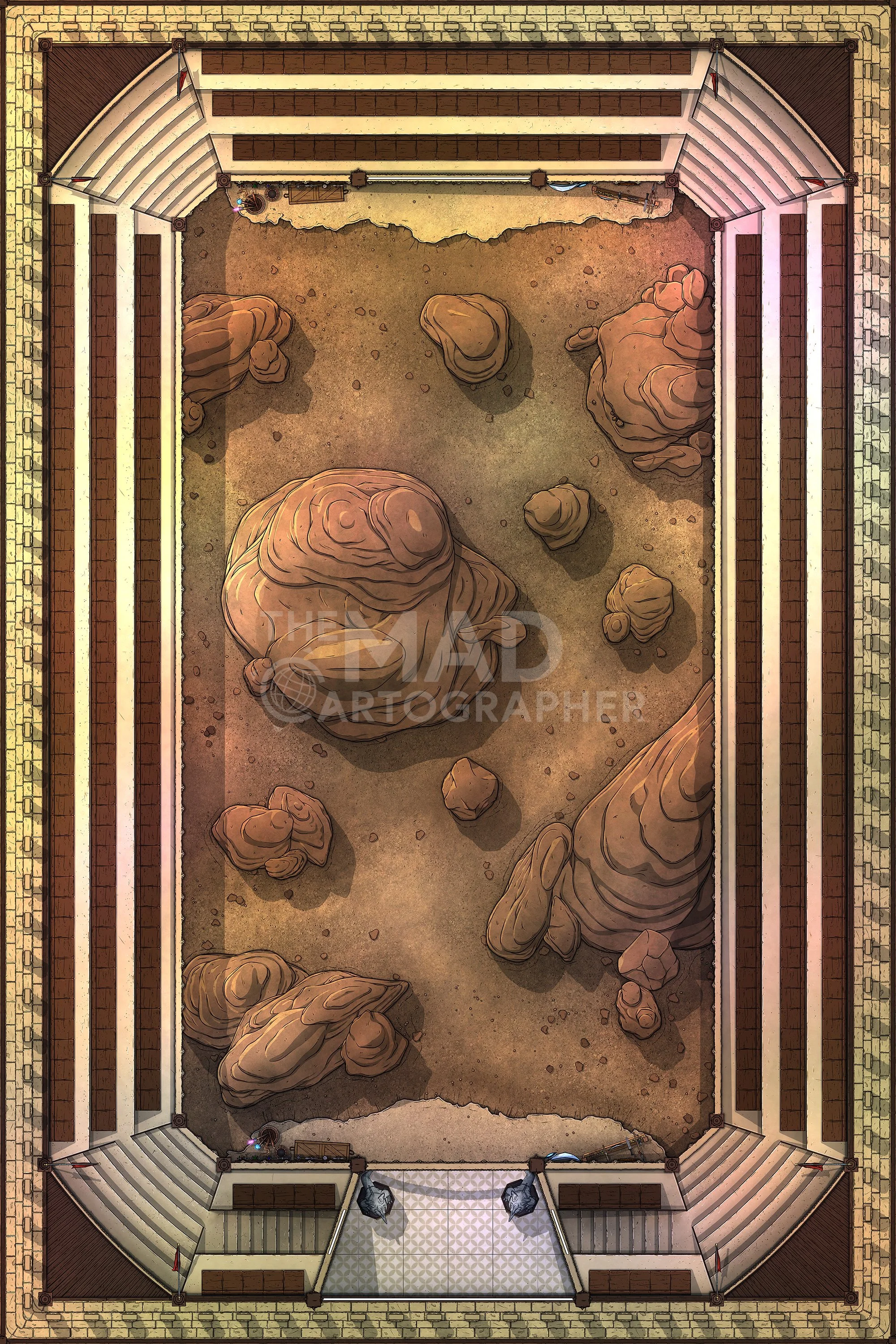 DUELLIST ARENA | 20x30 | Several variations of arena where formal combat can take place, with martial and magical weapons stationed at either end. [🪑 Asset Variants]