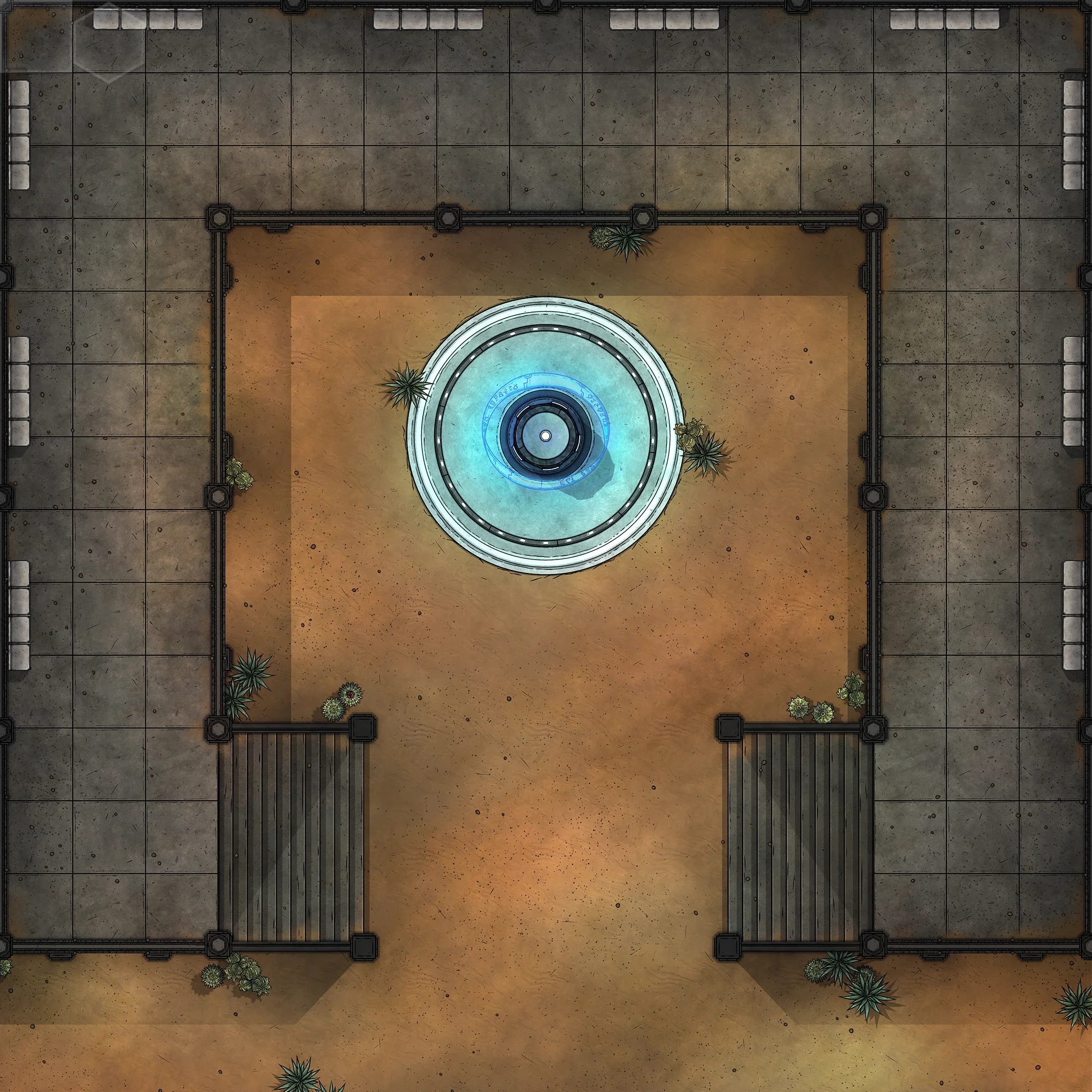 TOWN SQUARE | 15x15 | A town square surrounded by under-walks and overwalks, where clandestine meetings can take place feet away from public broadcasts. [🪑 Asset Variants] [🏨 Multi-floor Map]