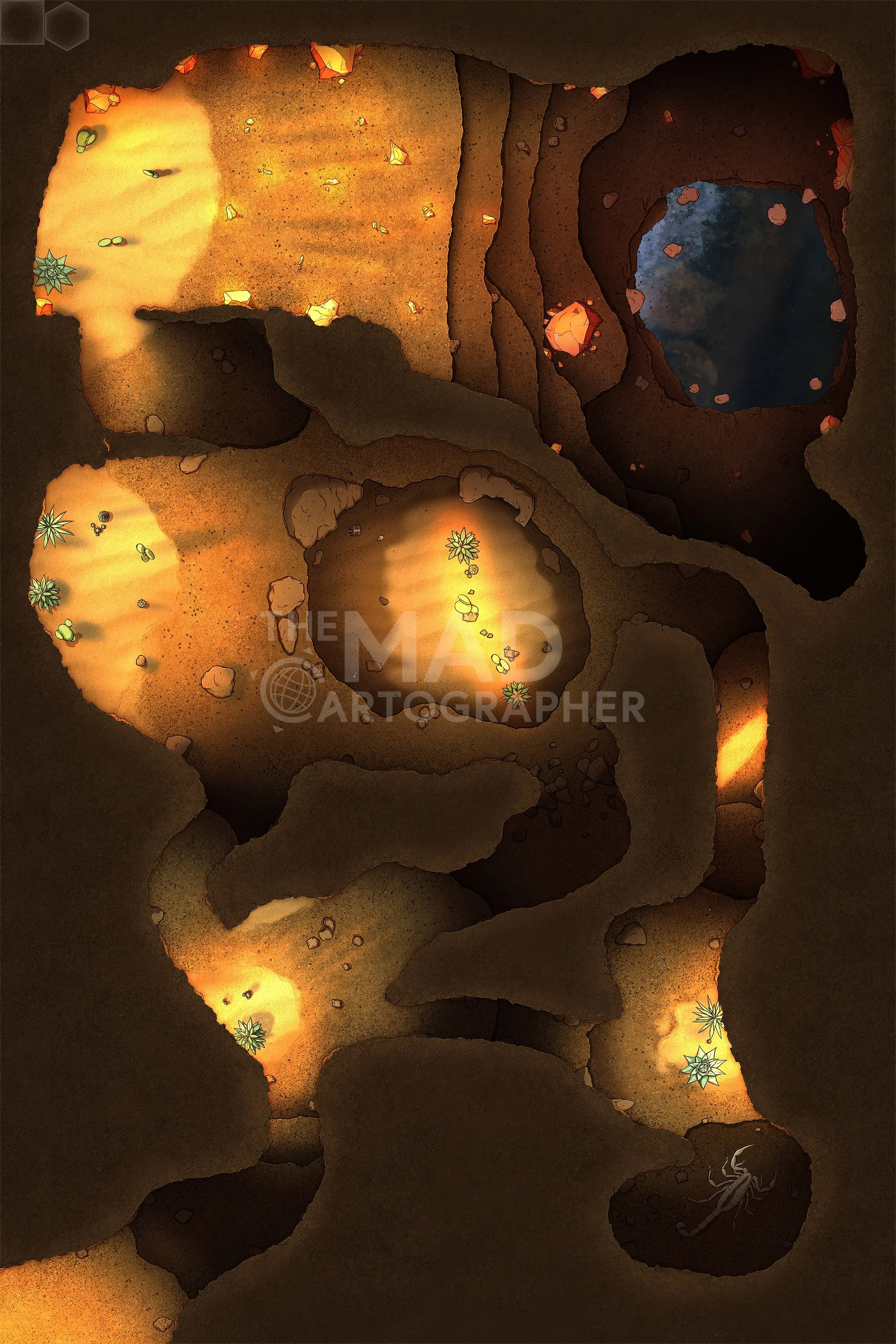 SUN SCORPION NEST | 20x30 | A twisted warren inside a sun-baked asteroid has areas of extreme light and darkness.