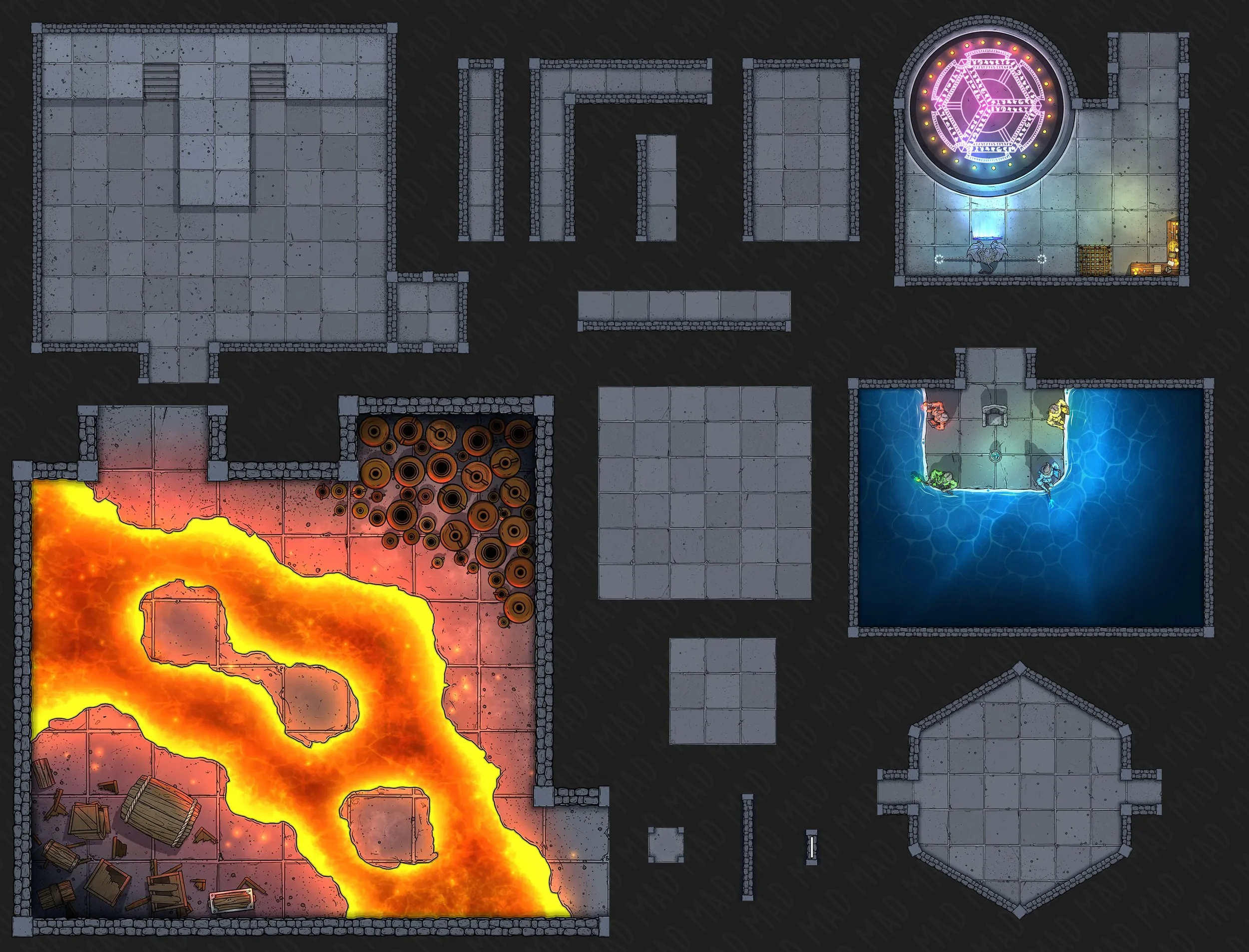 Hundreds of Modular pieces with seamless edges, rooms, corridors, and corners. Create your own dungeon with pre-built pieces, or design your own pieces with our wall, floor and door segments!