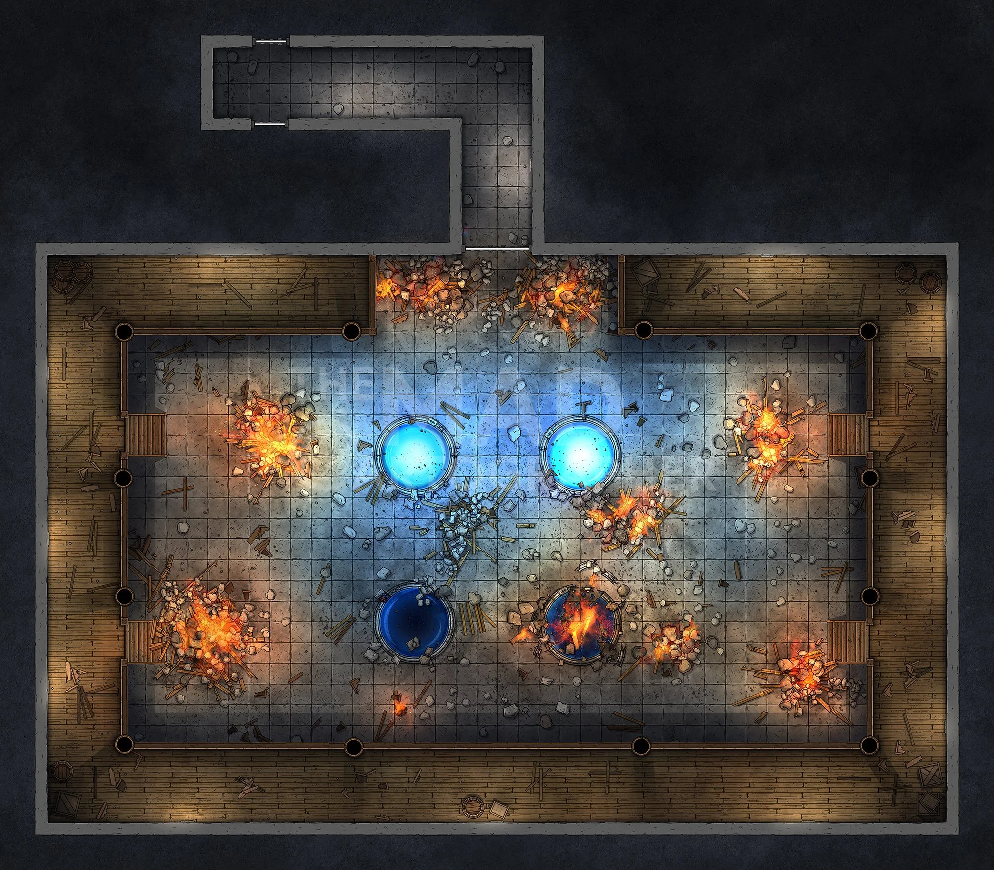 WAR DOG TELEPORTATION HUB | 24x21 | A heavily-damaged military teleportation facility with an overhead gantry. [🏨 Multi-floor Map]