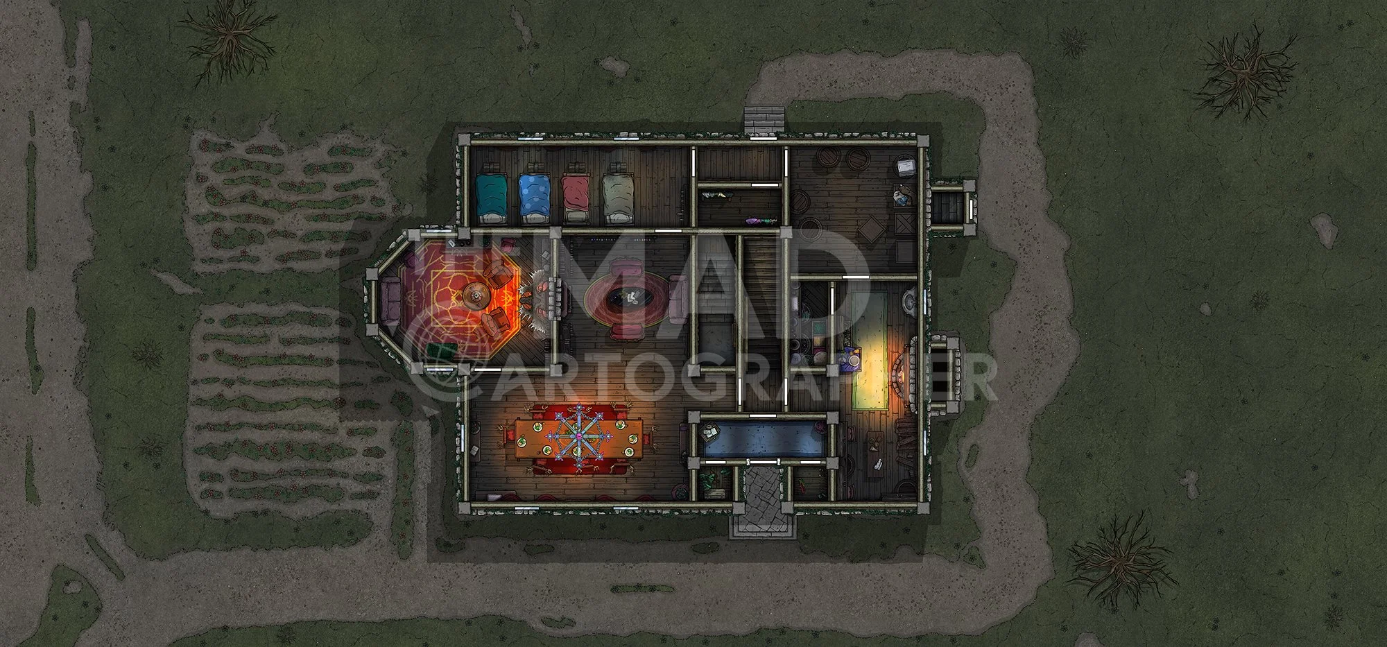 [FREE] WATCHTER HOUSE | 30x14 | An aristocratic manor concealing cult activity and dangerous political ambitions. [🌓 Night & Day Variants] [🏨 Multi-floor Map] [🪑 Asset Variants]