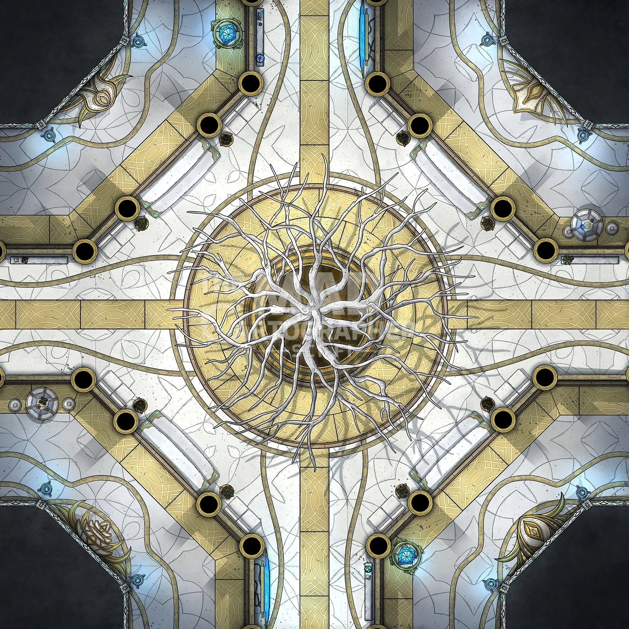 GOLDEN TEMPLE | 15x15 | A corridor junction in a grand temple, with a sacred tree standing prominently at the crossroads. [🪑 Asset Variants]