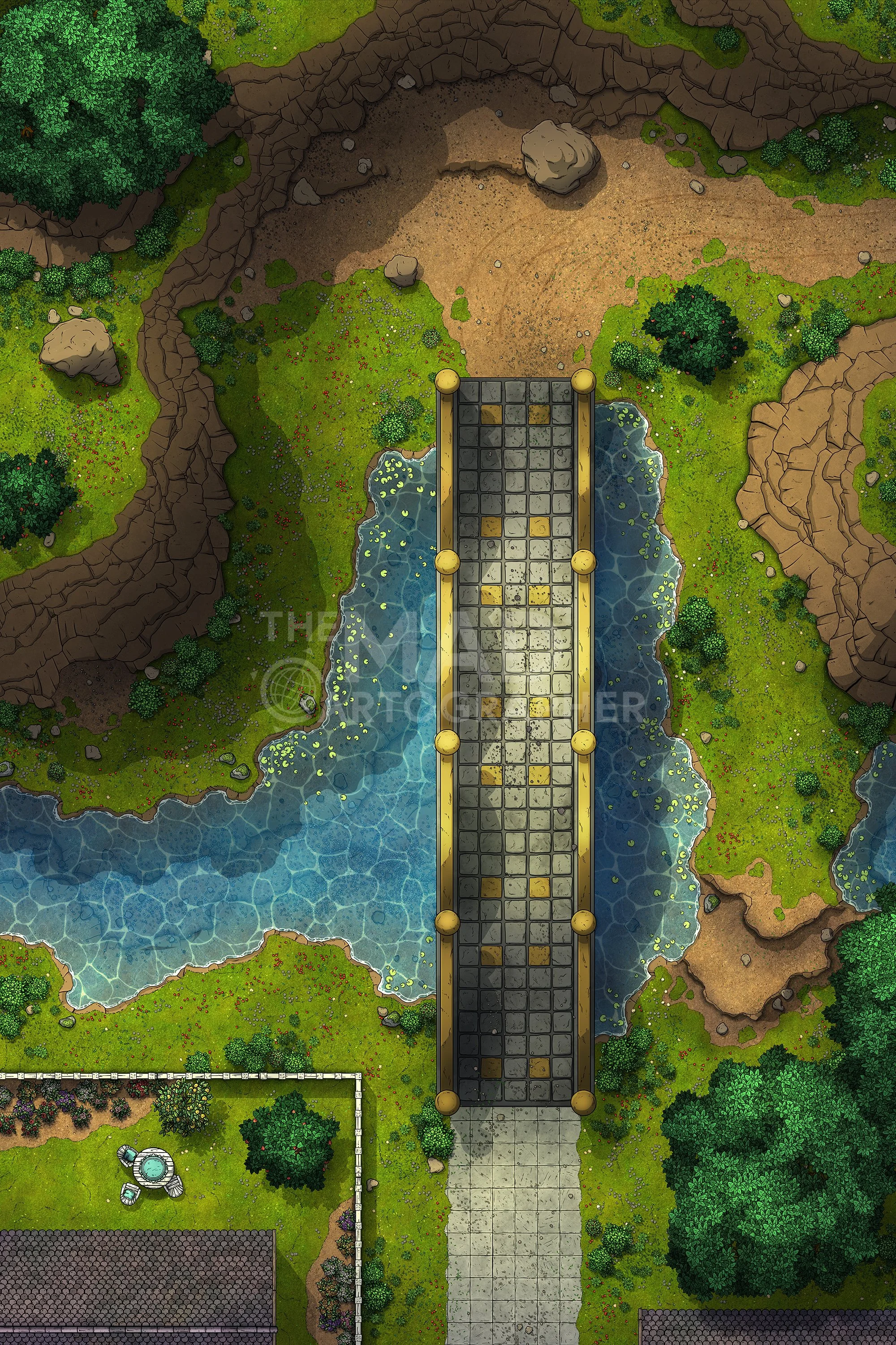 NUGGET BRIDGE | 20x30 | A quaint village bridge leading to a region of highland. Bandits often loiter nearby. [🌓 Night & Day Variants]