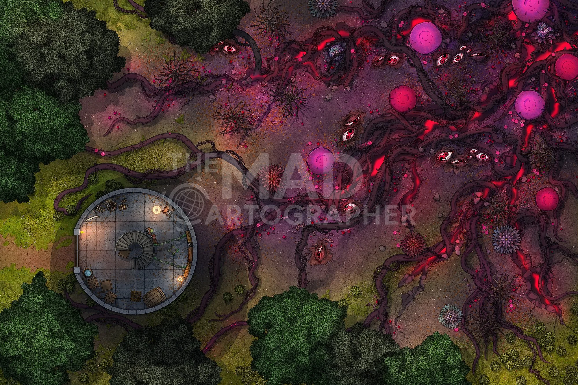 EMERALD NIGHTMARE | 30x20 | A corruption of nature spreads and engulfs this small watchtower. [🌓 Night & Day Variants] [🏨 Multi-floor Map]