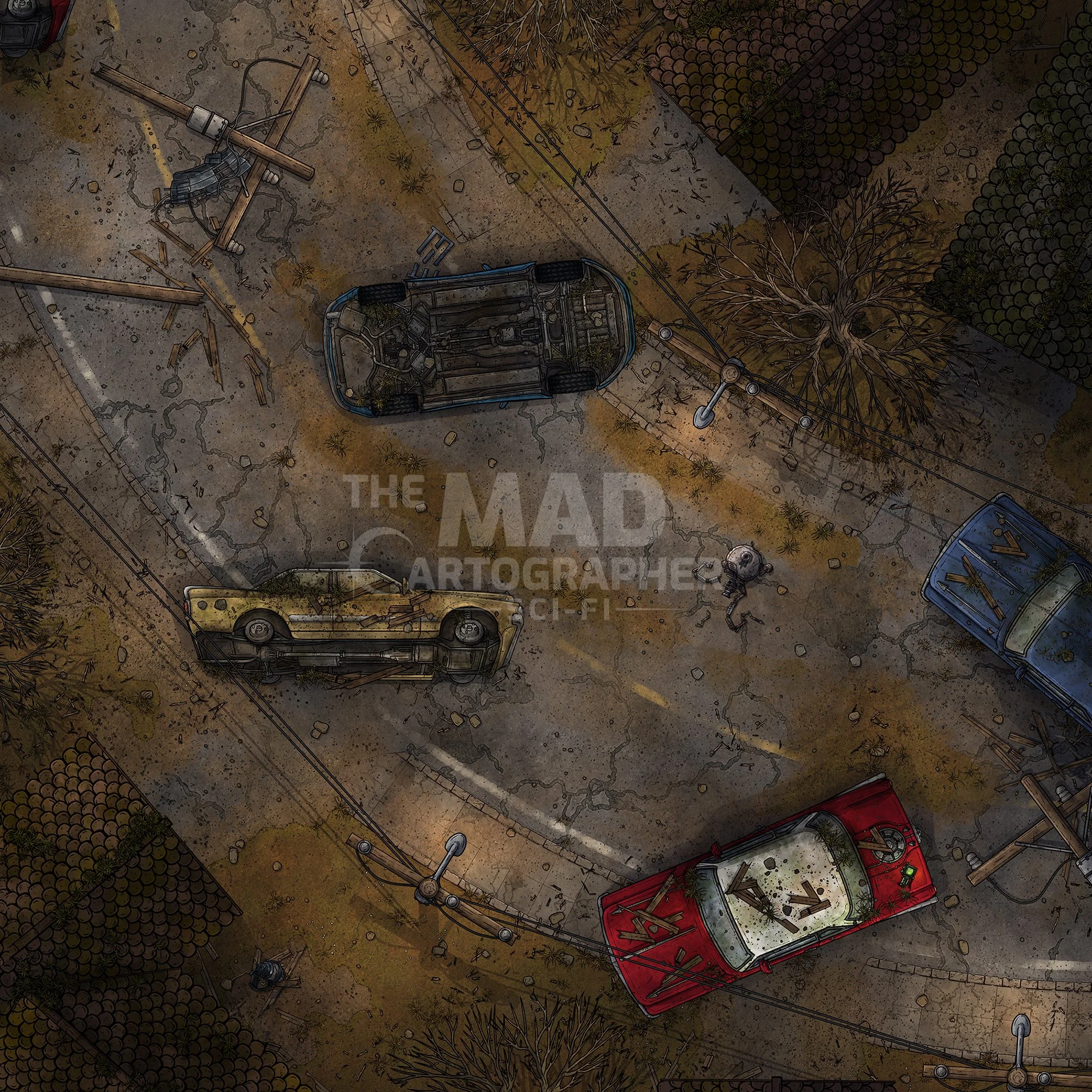 SUBURBAN WASTELAND | 15x15 | A stretch of residential neighbourhood, abandoned and ruined after the fall. [🪑 Asset Variants]