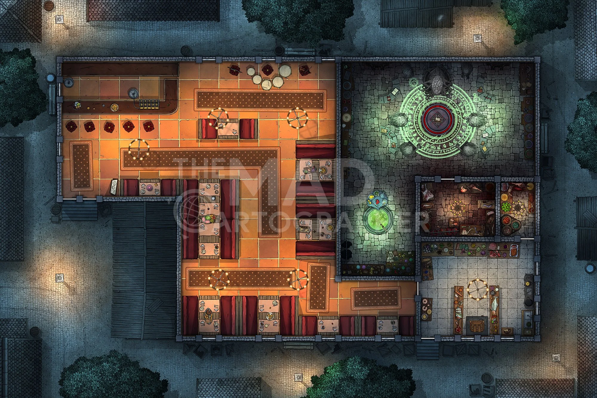 SECRET CULT TAVERN | 30x20 | A friendly family dining establishment conceals a dark and deadly secret cult lair. [🌓 Night & Day Variants]
