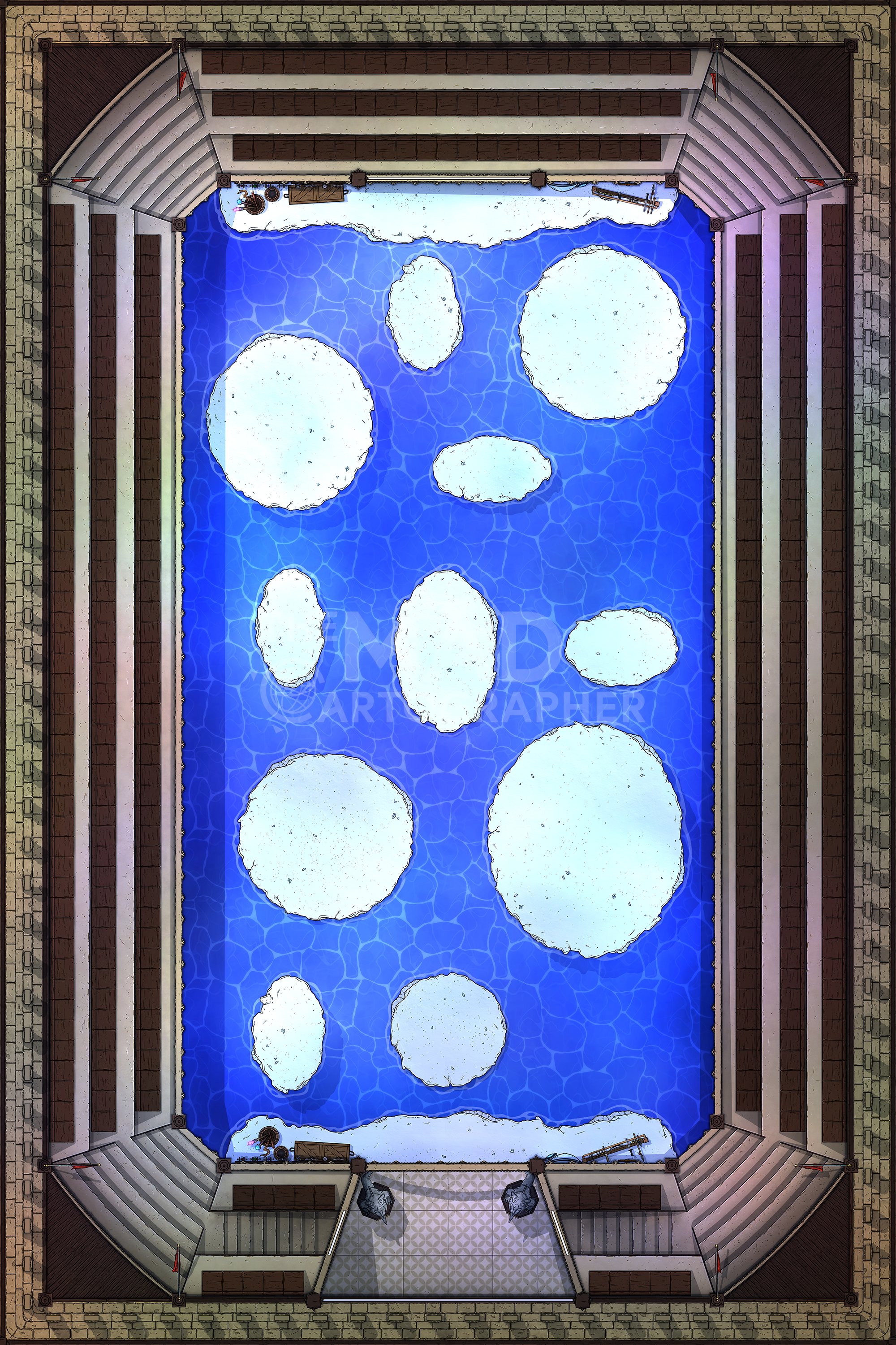 DUELLIST ARENA | 20x30 | Several variations of arena where formal combat can take place, with martial and magical weapons stationed at either end. [🪑 Asset Variants]