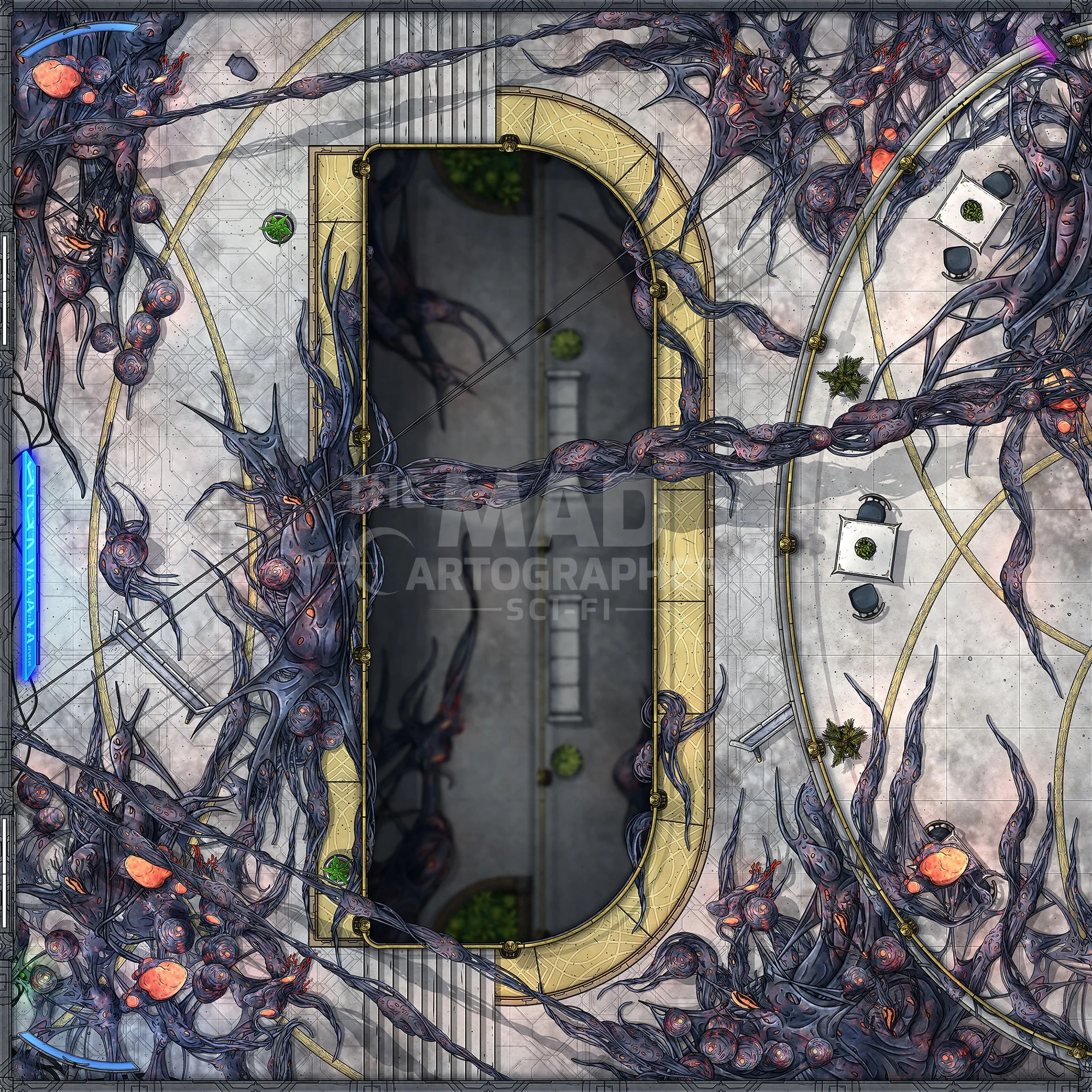 PLAGUED ATRIUM | 15x15 | A central stairwell leading to different floors of the facility provided the infection with a rapid means of spreading. [🪑 Asset Variants]