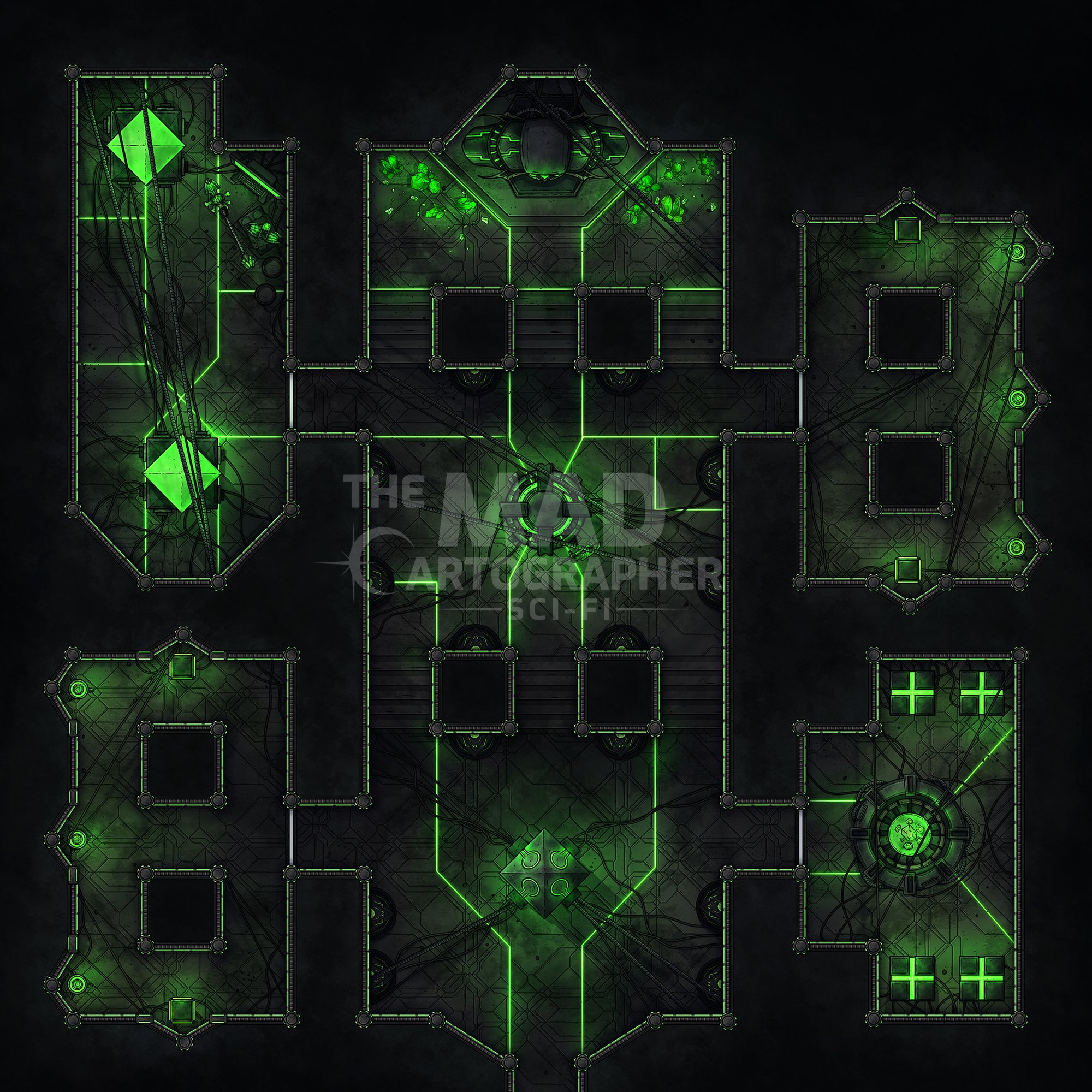 VIRAL STRONGHOLD | 15x15 | A series of ancient corridors and chambers, long forgotten in a lower level or deck beneath the rest of this facility or vessel. [🪑 Asset Variants]