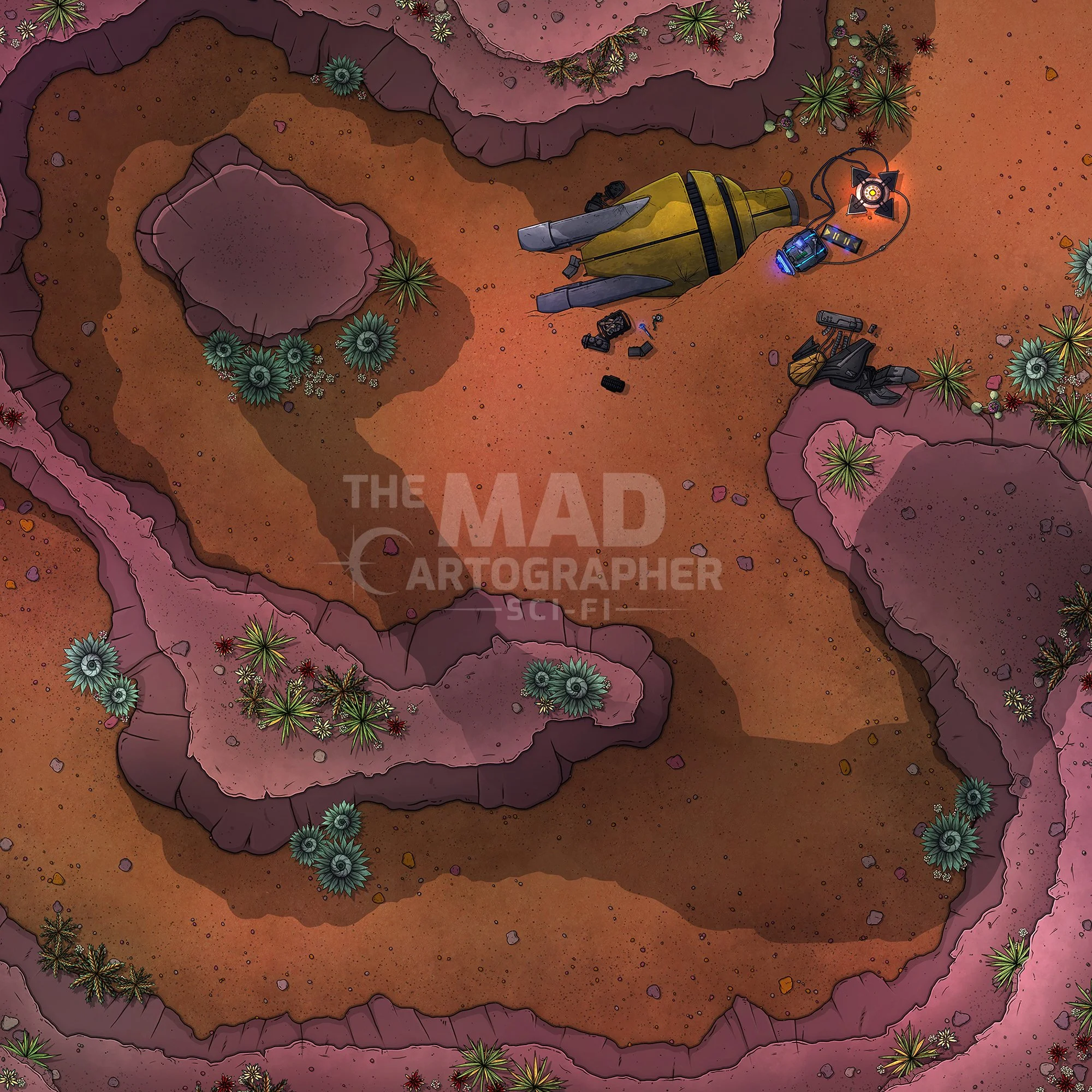 DRIED RIVERBED | 15x15 | A dried-up riverbed winds through the sands, filled with mechanical debris. [🪑 Asset Variants]