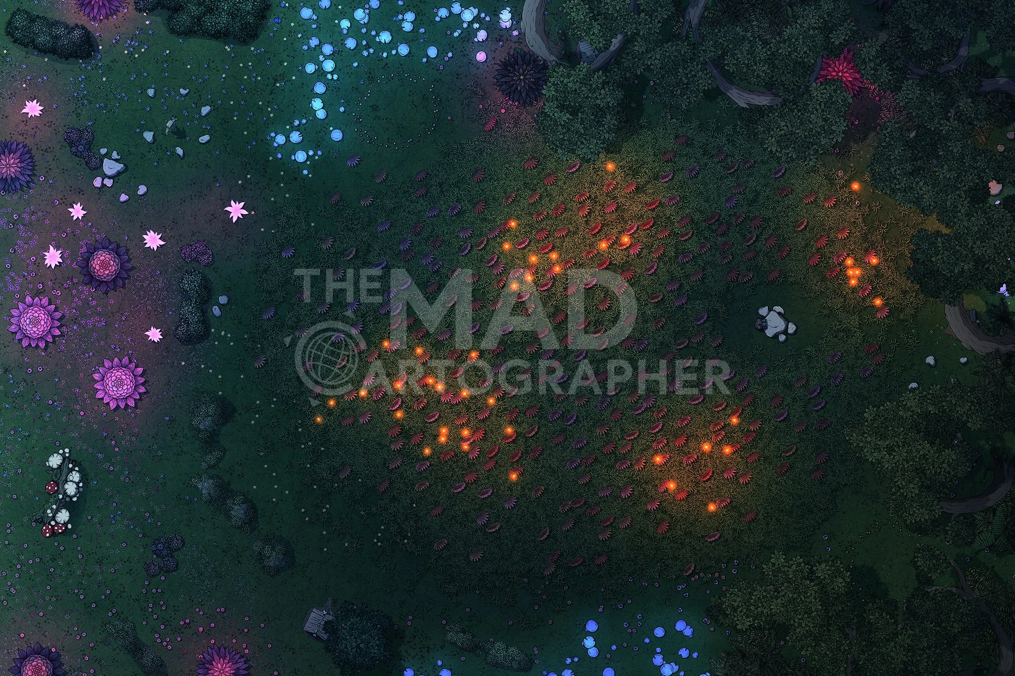 MISCHIEF MEADOWS | 30x20 | A clearing in the forest filled with flowers, and hints of small but sinister denizens. [🌓 Night & Day Variants] [🪑 Asset Variants]