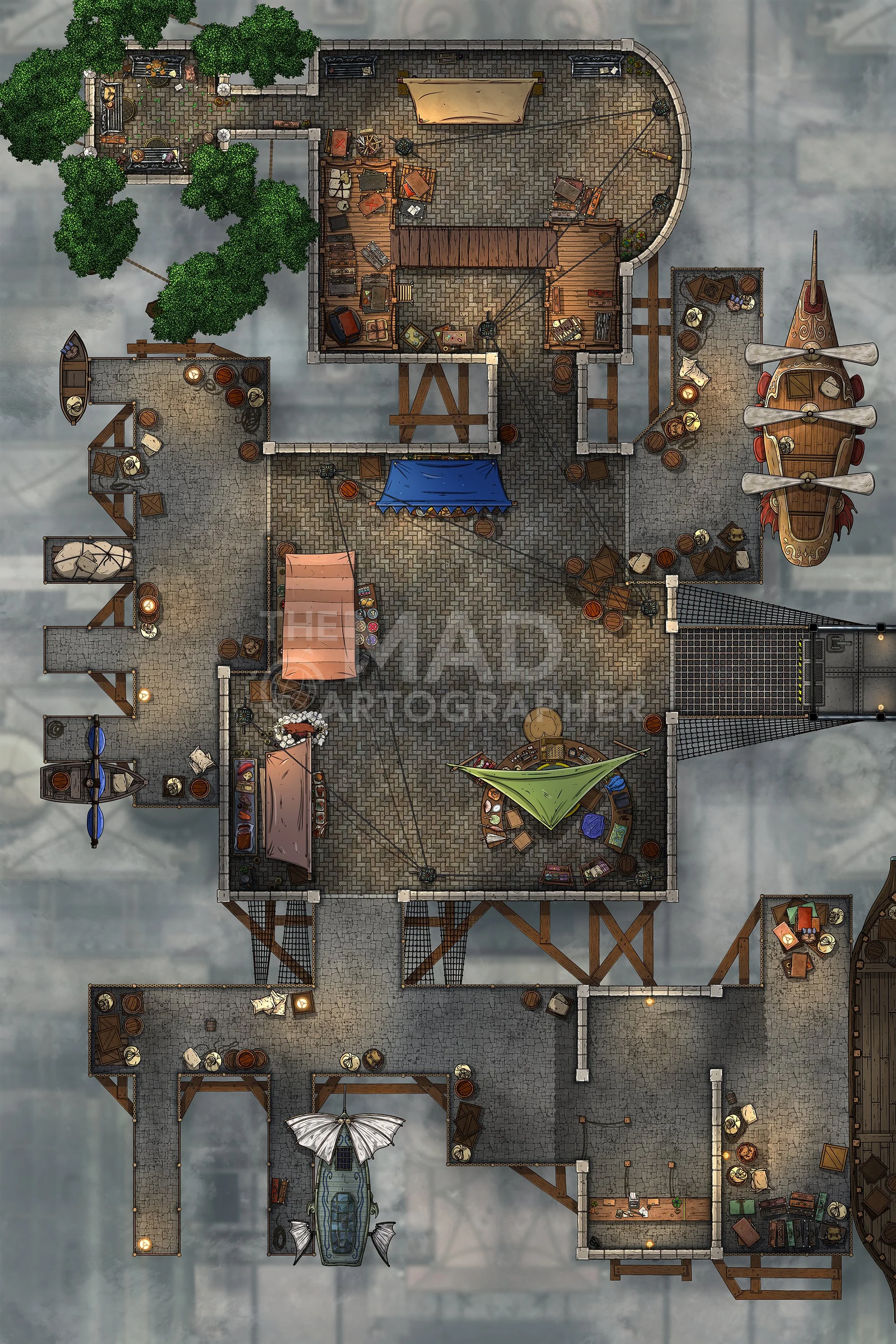 SKYSHIP DOCKTOWER | 20x30 | These towering loading bays provide commercial and military docking station facilities for the spellships that drift around the world. [🌓 Night & Day Variants]