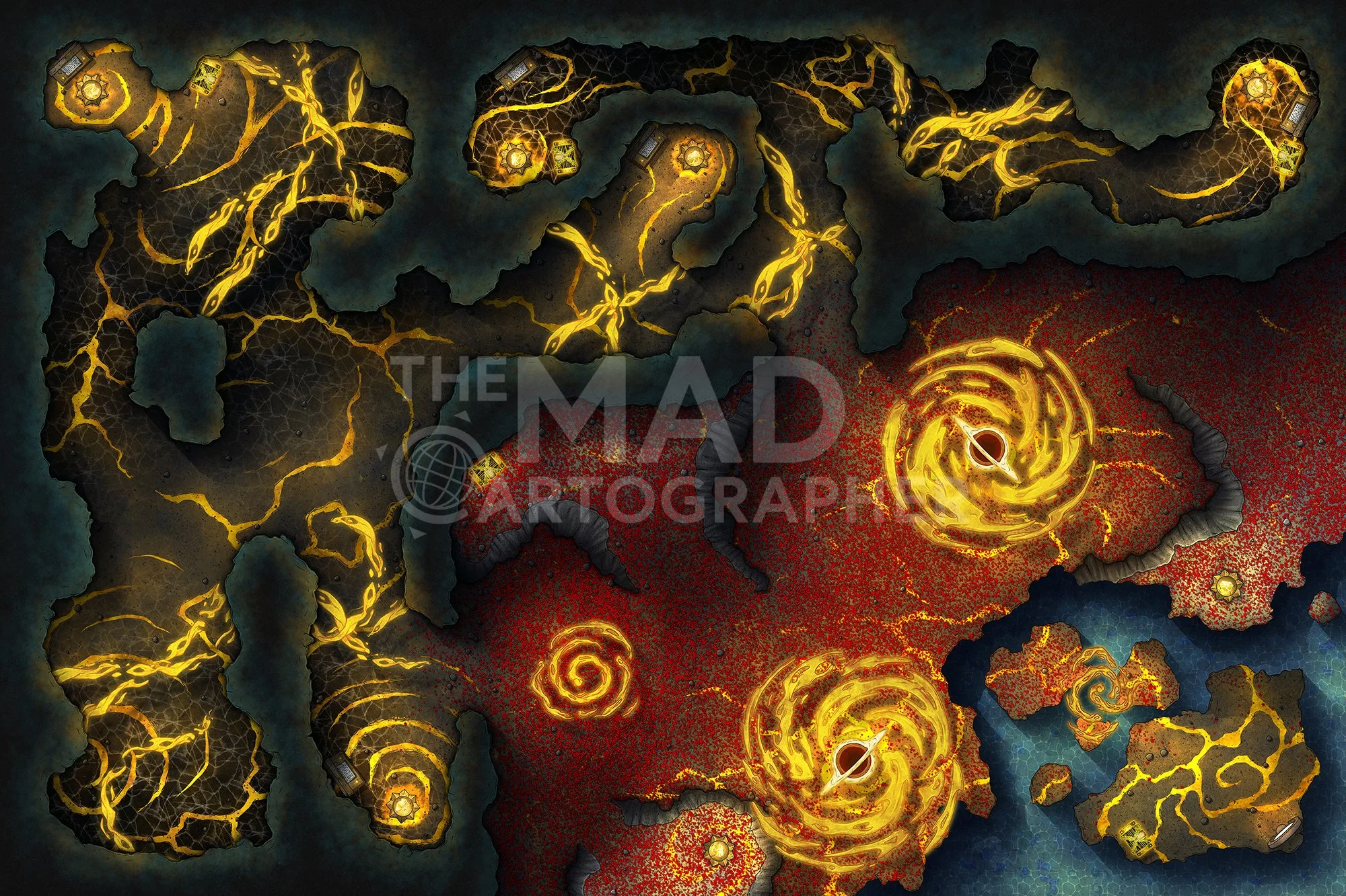 CHROMATIC CLIFFS | 30x20 | Gold-veined caverns lead out to a mystical field of singularities and a field of blood-red petals overlooking the sea.