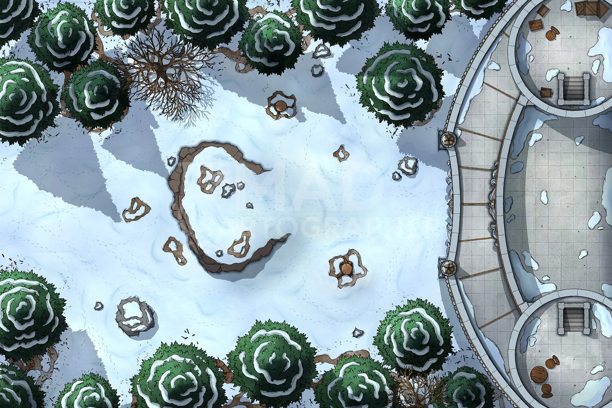 PATROL RETURNS | 24x16 | This elven temple is under siege, with attackers and defenders wielding different advantages with the terrain and elevation of the towers. [🌓 Night & Day Variants] [🏨 Multi-floor Map] 
