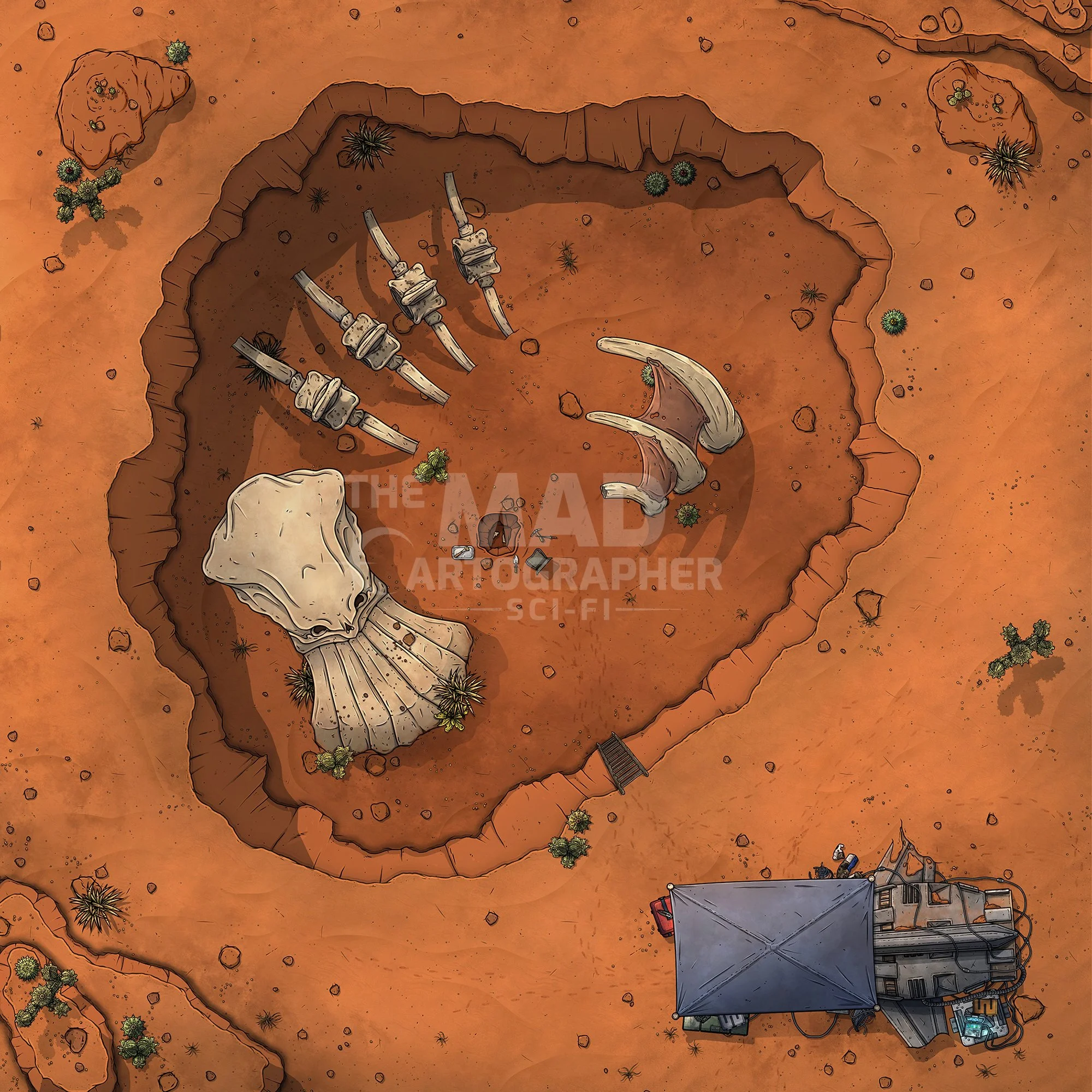 EXCAVATION CAMP | 15x15 | An unknown megafauna sample has been discovered here and the team are working to uncover it. [🪑 Asset Variants]