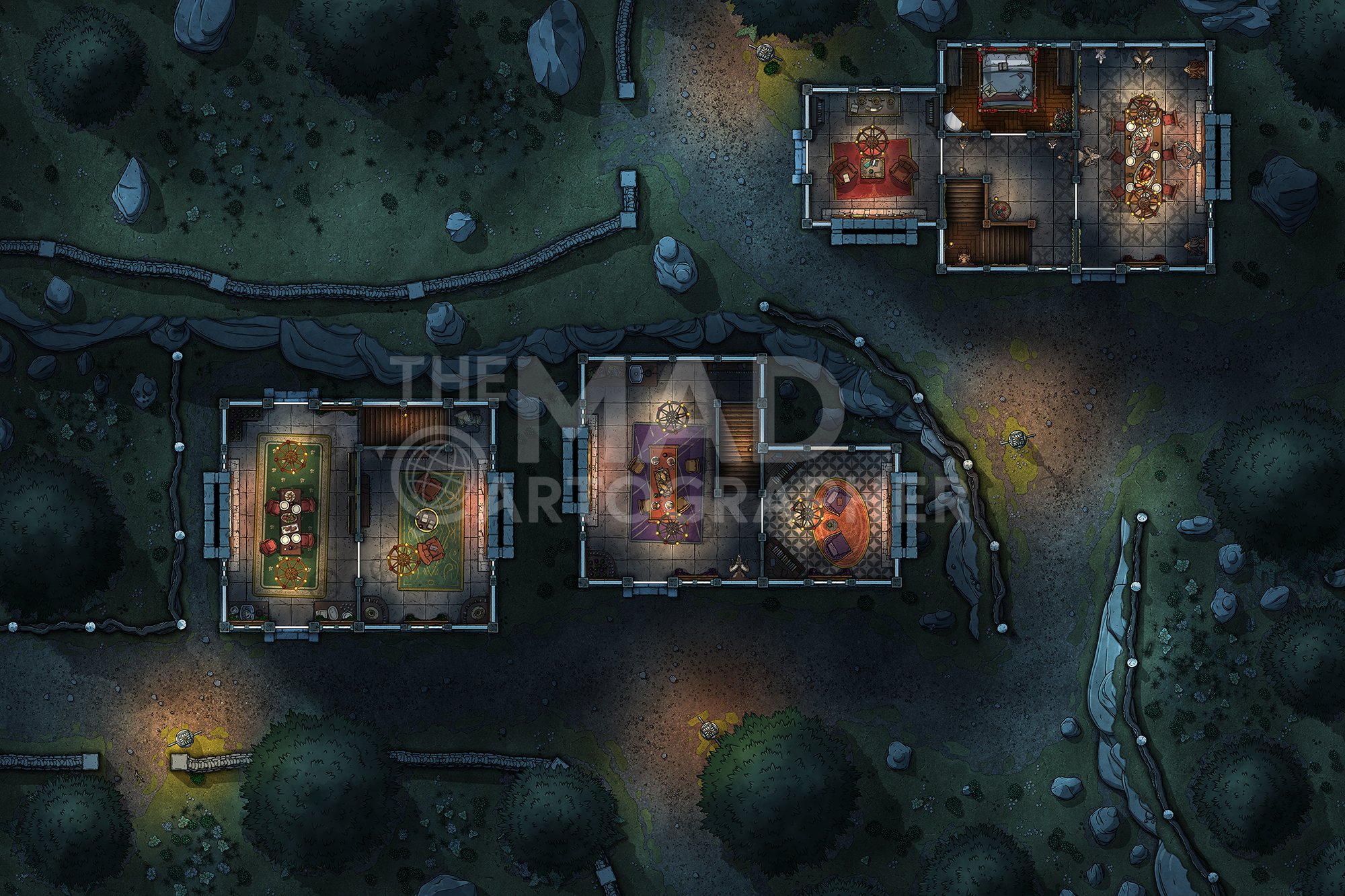 OVERWOOD STREETS | 30x20 | A set of rural village streets of unique design, set in the high heartlands overlooking a pine valley. [🌓 Night & Day Variants] [🏨 Multi-floor Map]