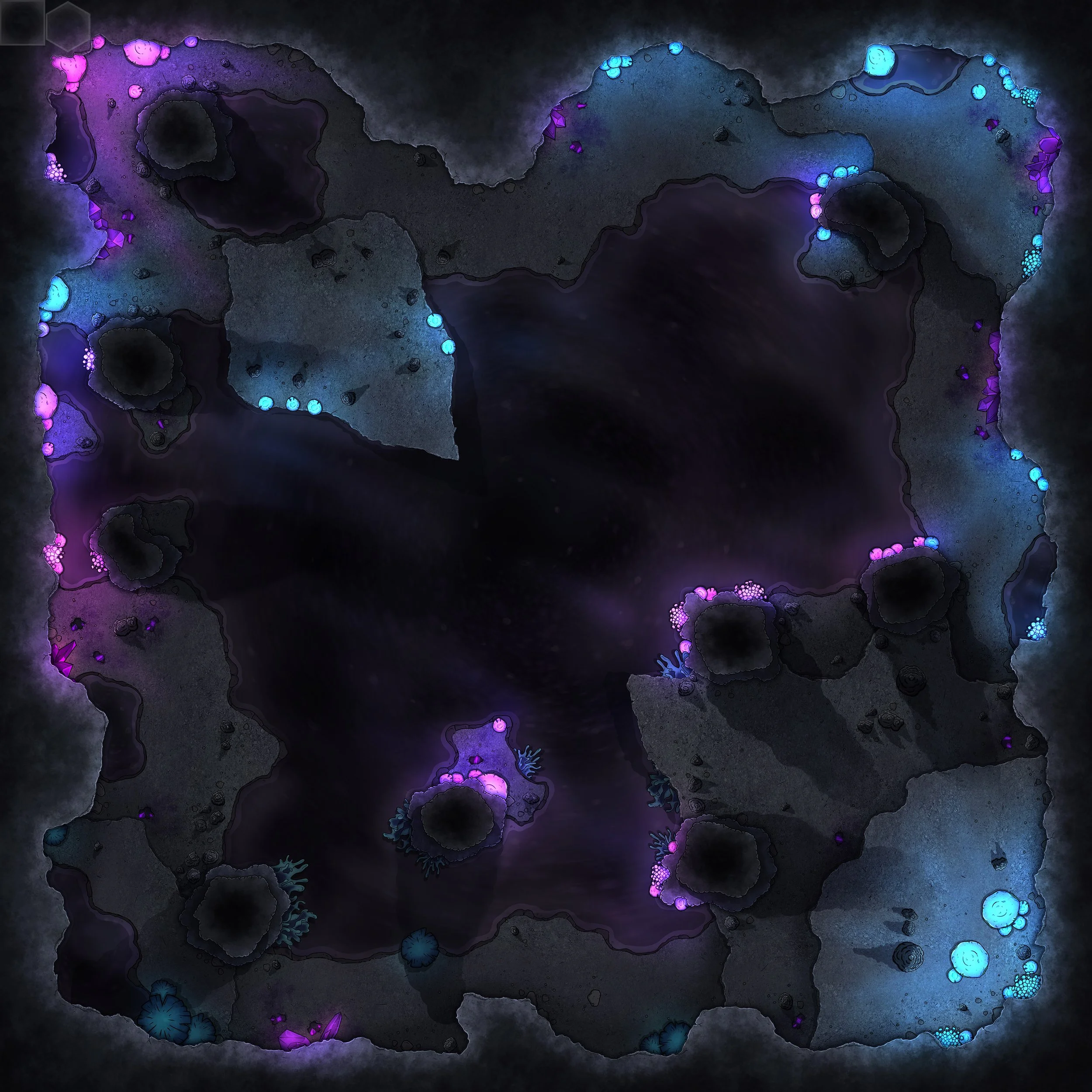 OBLIVION CAVERN | 24x24 | A dark cavern of bioluminescent fungus and glowing crystals faintly light a magically shifting void.