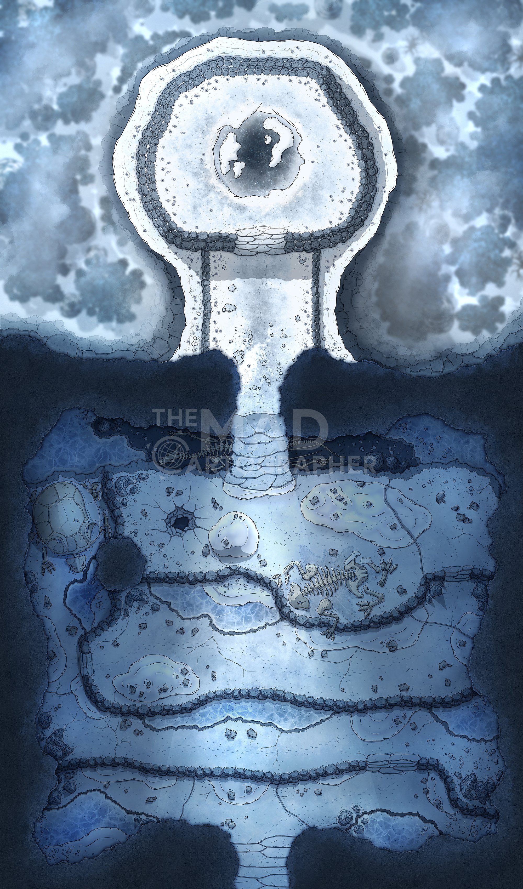 MOUNT SILVER | 20x30 | An icy mountain cavern leads out to a blizzard-blasted peak, where a powerful swordsman is said to await a worthy challenger. [🌓 Night & Day Variants]