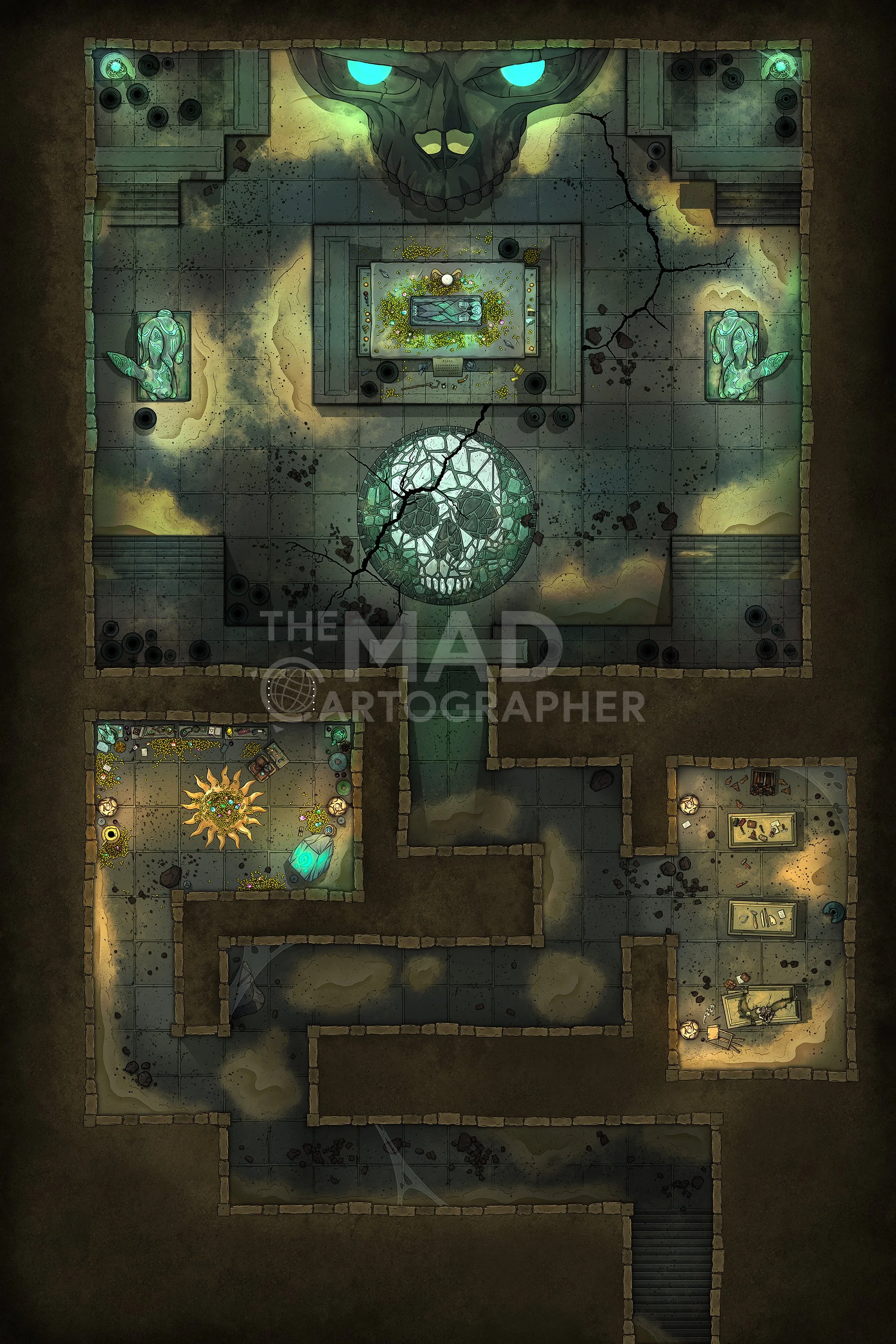 ANCIENT'S TOMB | 20x30 | A warren of corridors and chambers beneath the sand, in a dungeon that pays homage to the deities of life and death out here in the wastes.