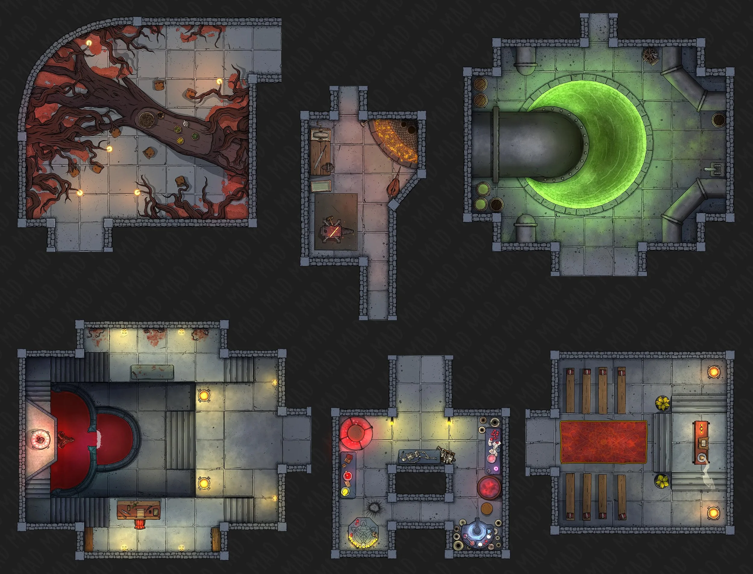 Detailed set piece rooms for thematic encounters, available in in all shapes and sizes and larger 20x20 boss encounter locations!