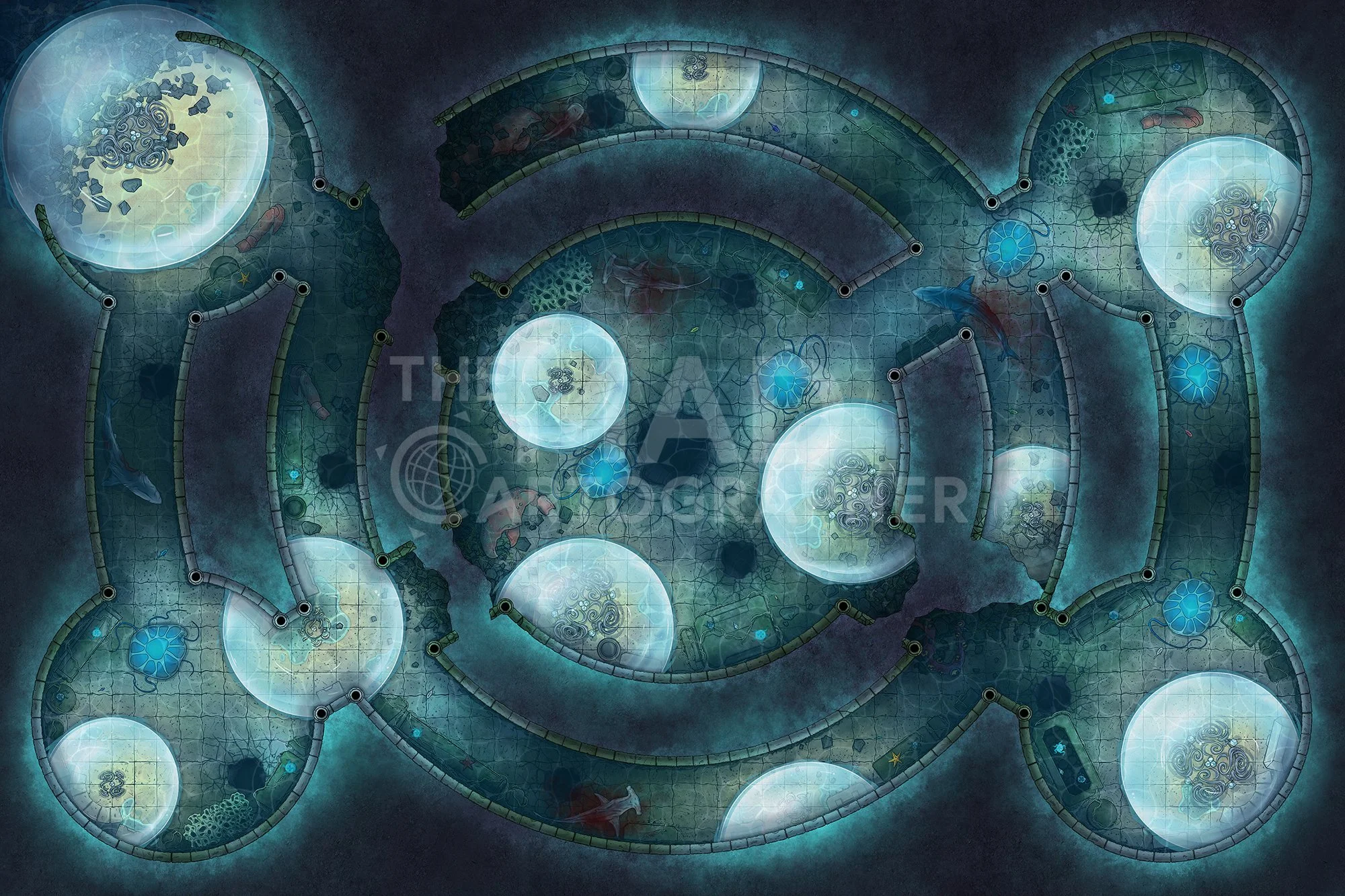 TEMPLE OF THE LAST BREATH | 30x20 | A flooded temple filled with enchanted pockets of air to allow exploration by the brave.