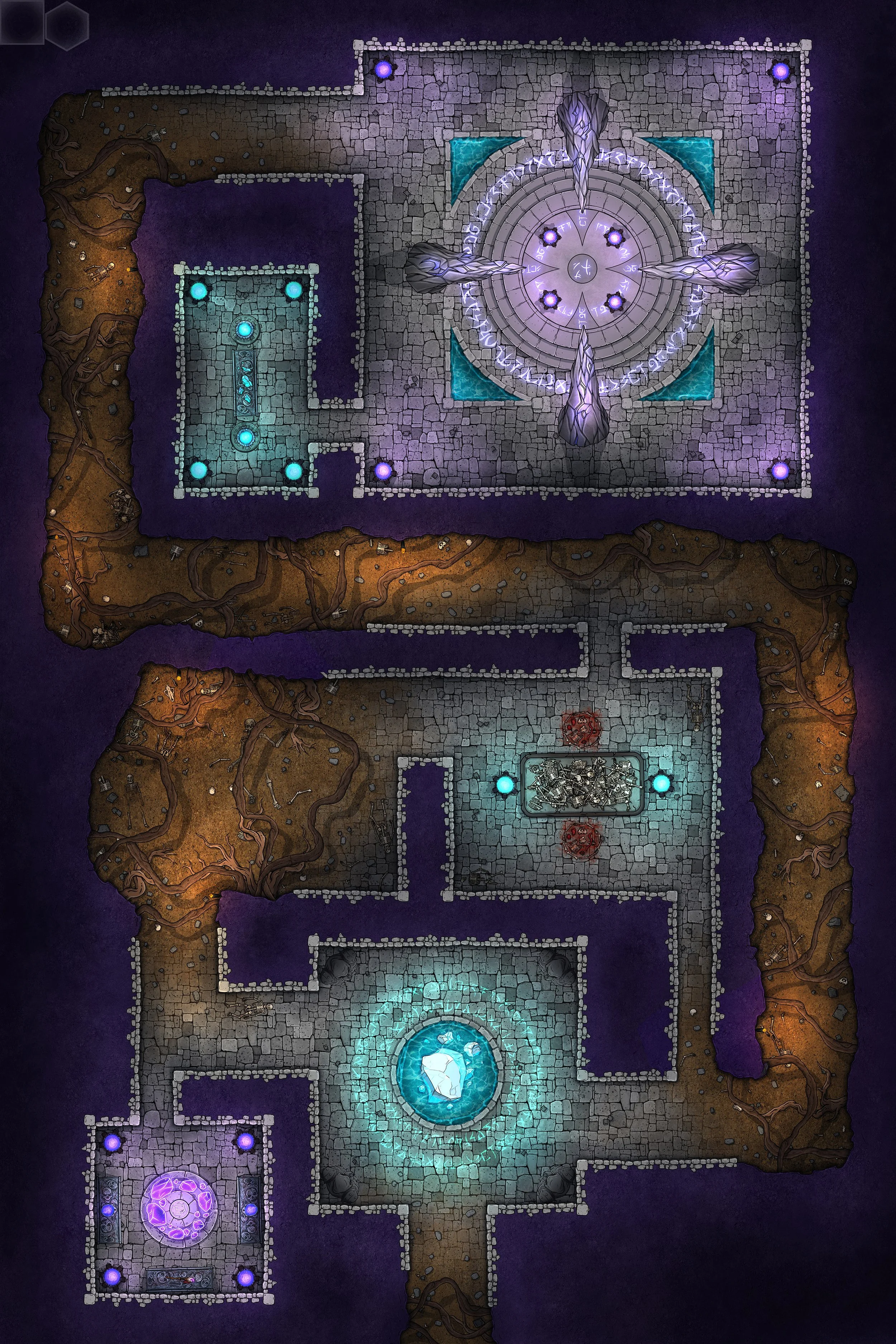 MOONGRAVE BURIAL GROUNDS | 20x30 | A shadowy warren of tunnels and ritual chambers with a void aesthetic.