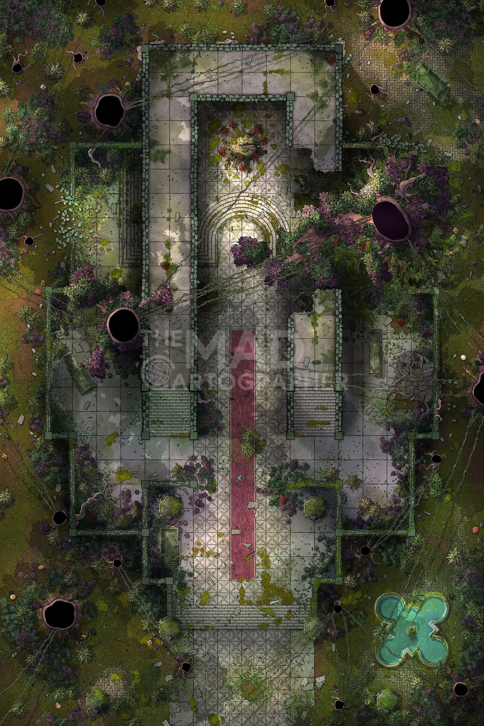 GREEN KNIGHT'S FOLLY | 20x30 | A ruined keep is now the stronghold of this knightly forest guardian. [🌓 Night & Day Variants] [🏨 Multi-floor Map]