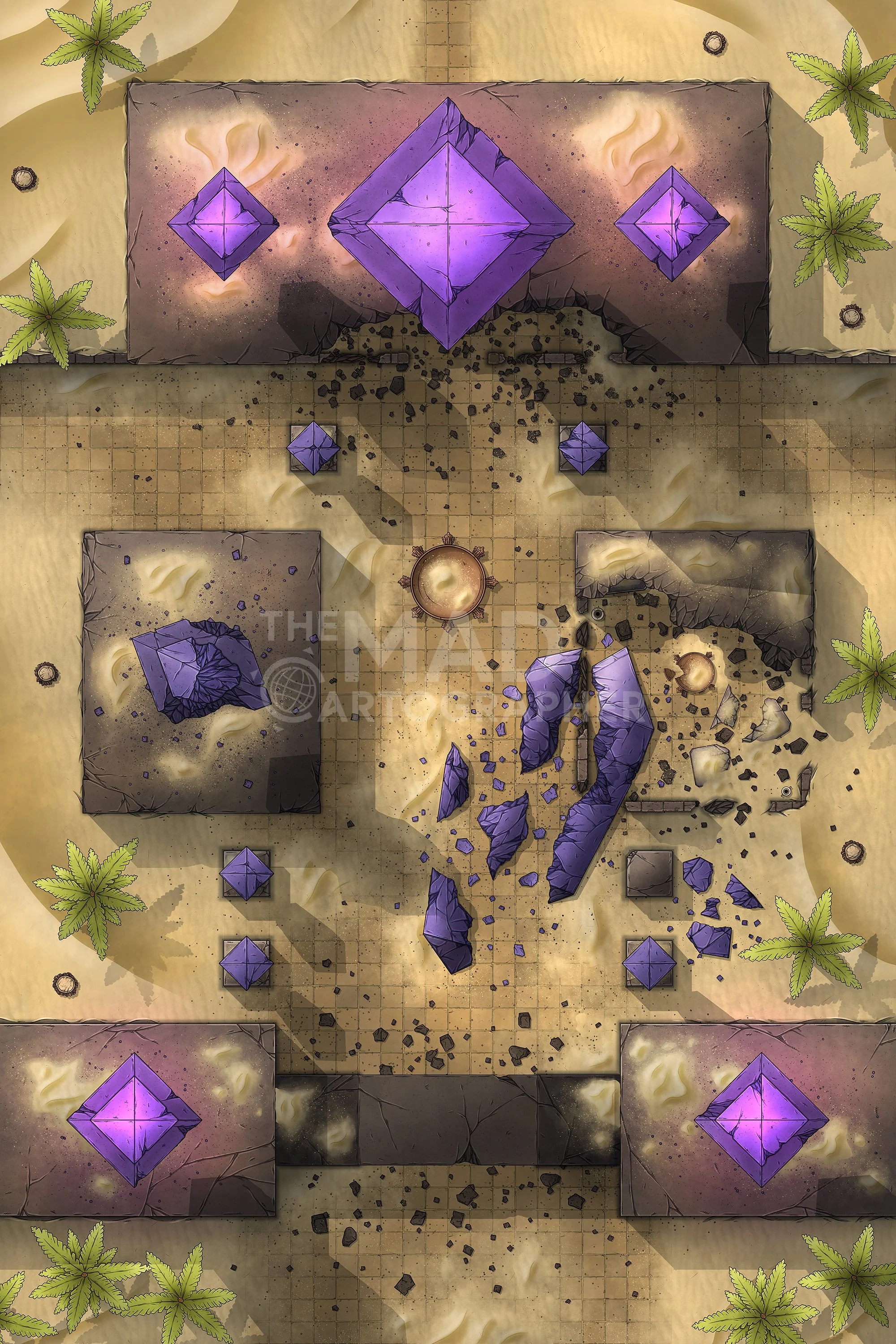 FORGOTTEN CITY | 20x30 | The ruins of an ancient city of a powerful people - the only remnants are their still-floating obsidian channelling crystals, ever looming overhead. [🌓 Night & Day Variants] [🏨 Multi-floor Map]