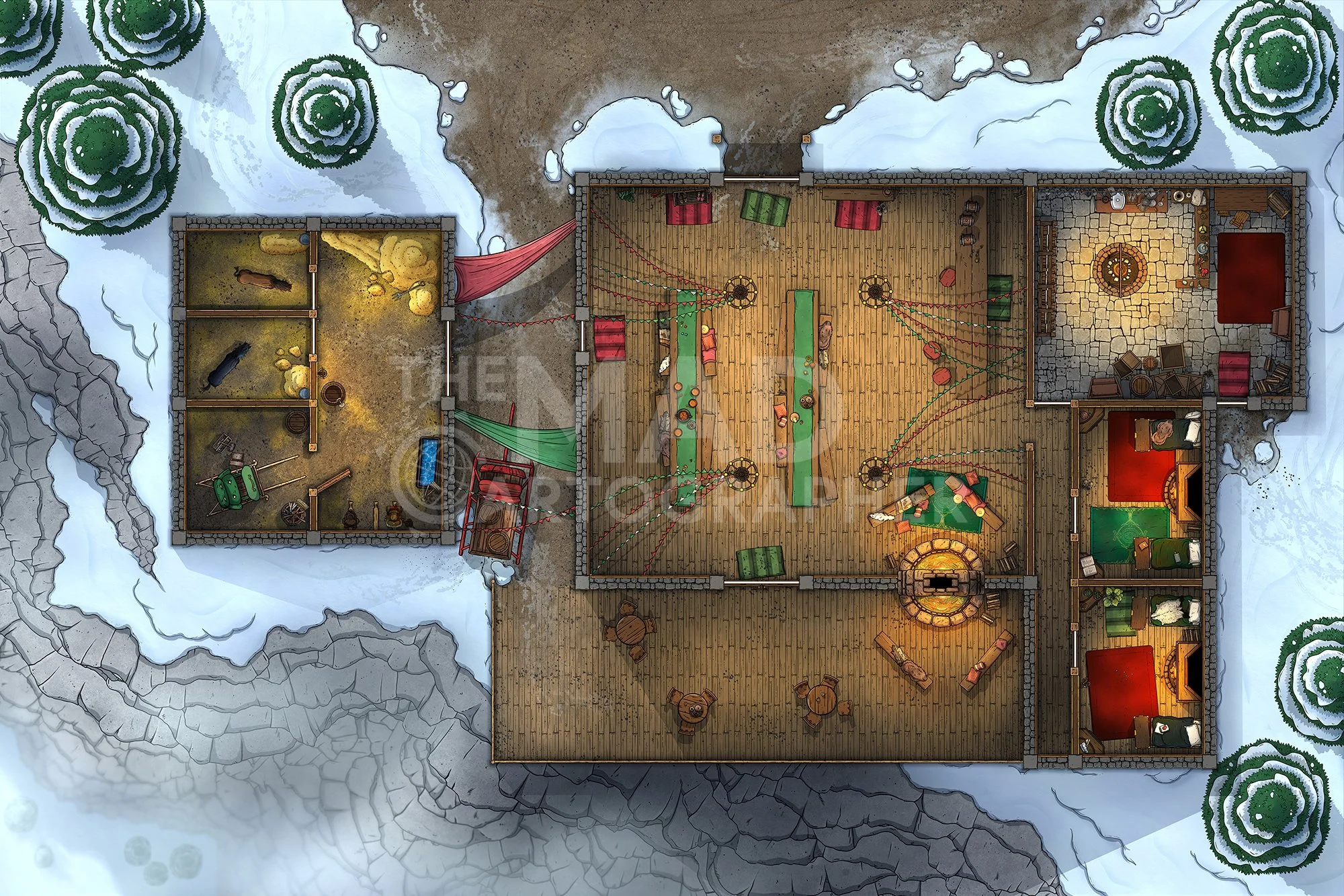 ALPINE MEADERY | 30x20 | A mountainside tavern providing a vantage point over the snowy valley below. [🌓 Night & Day Variants]