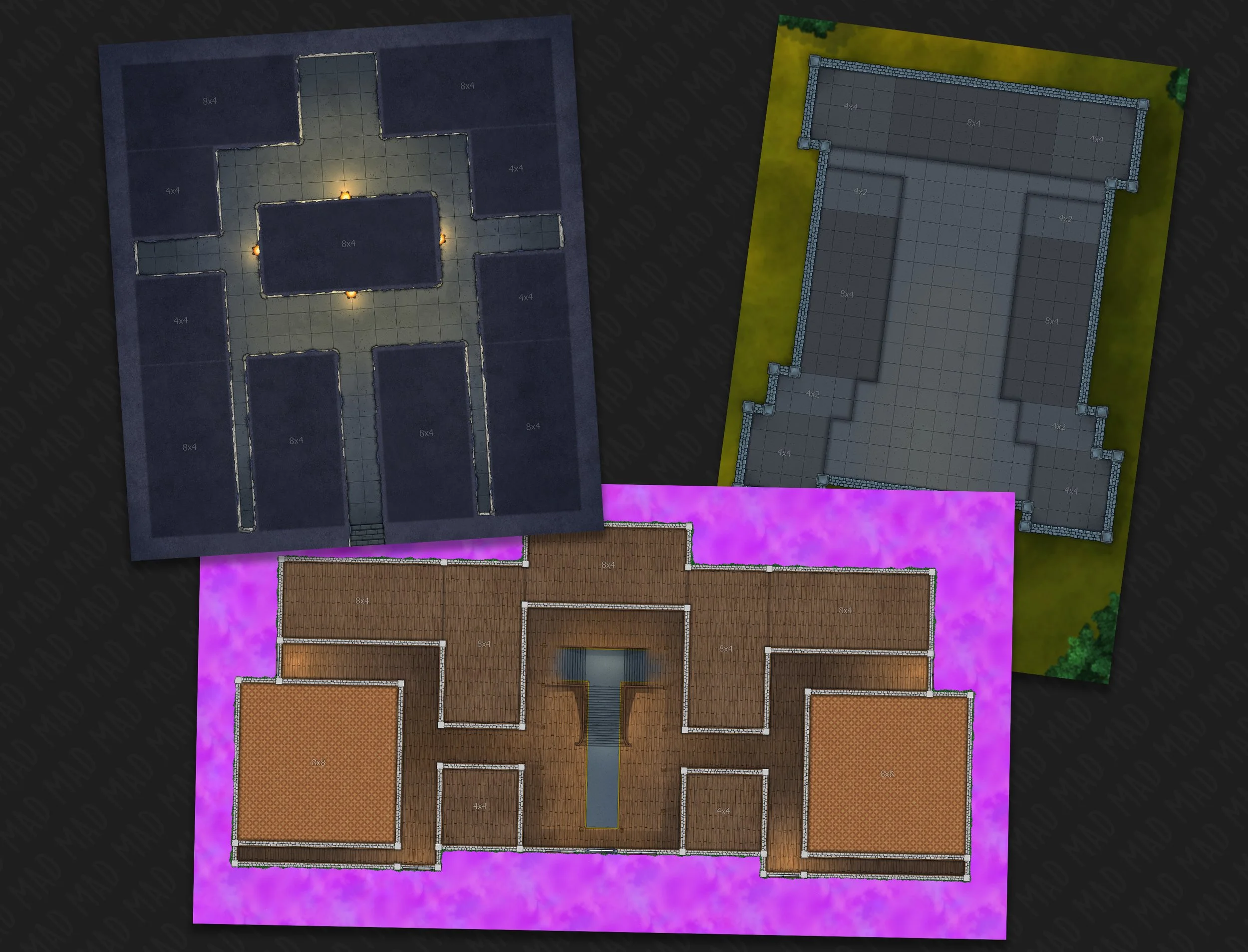 Choose your base map from underground lairs, huge keeps, or grand mansions (with astral mansion variant!). Subtle grids and notes to help position your rooms!