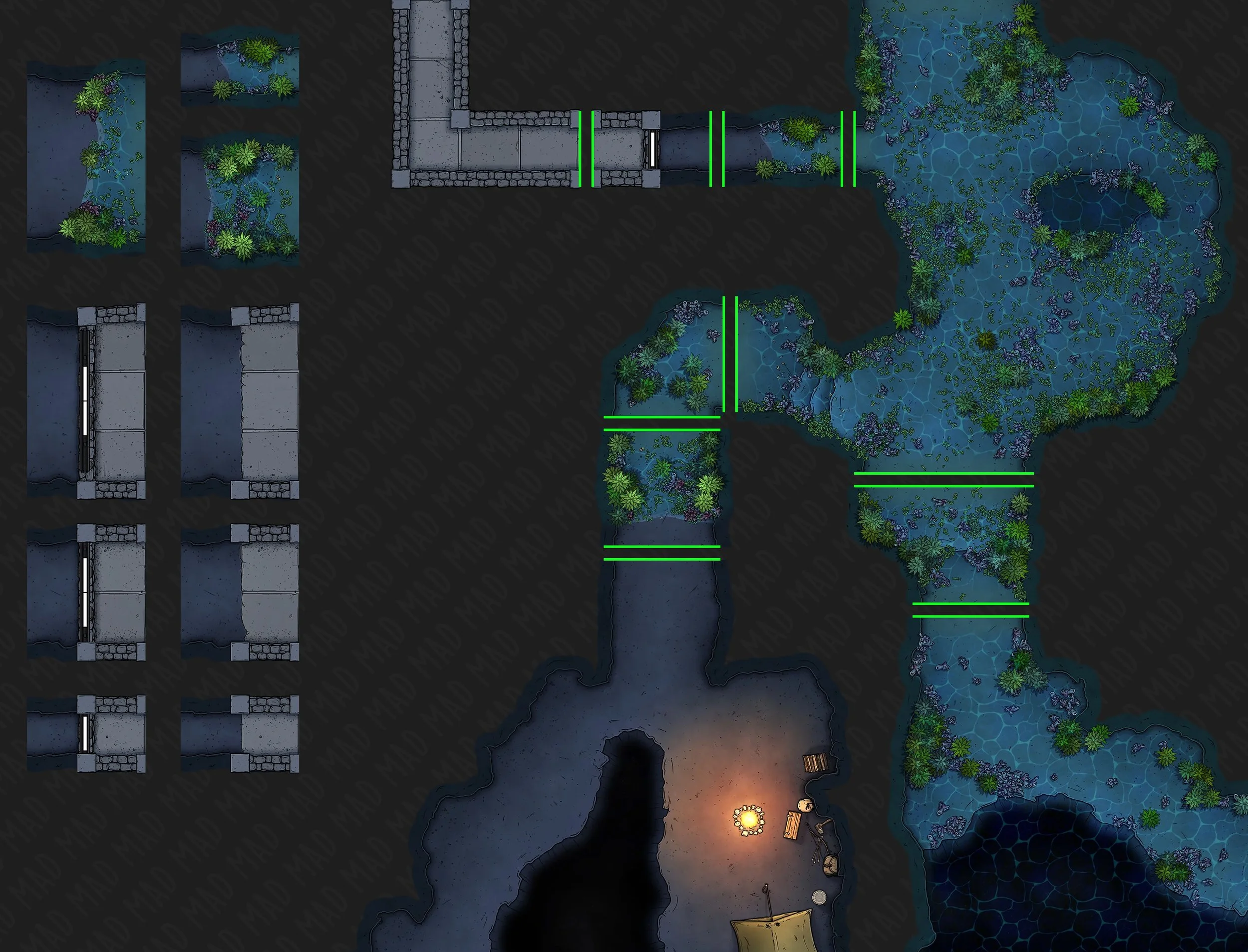 Seamless transition tiles to link caverns to underwater variants, as well as transition tiles to link to our Modular Dungeons set!